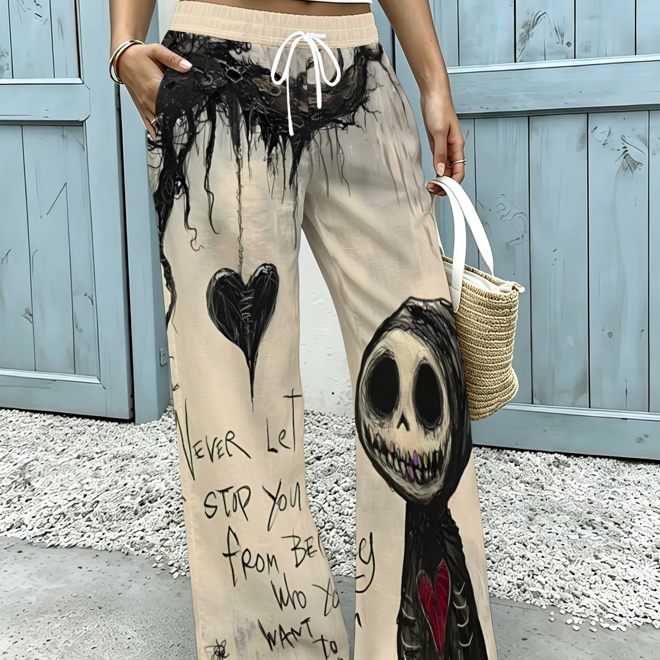 TEMU Women's Elastic Drawstring Wide-leg Casual Long Pants, Skull Doll With Heart Hand-painted Text Print, Dark Literary Style, Side Pockets For