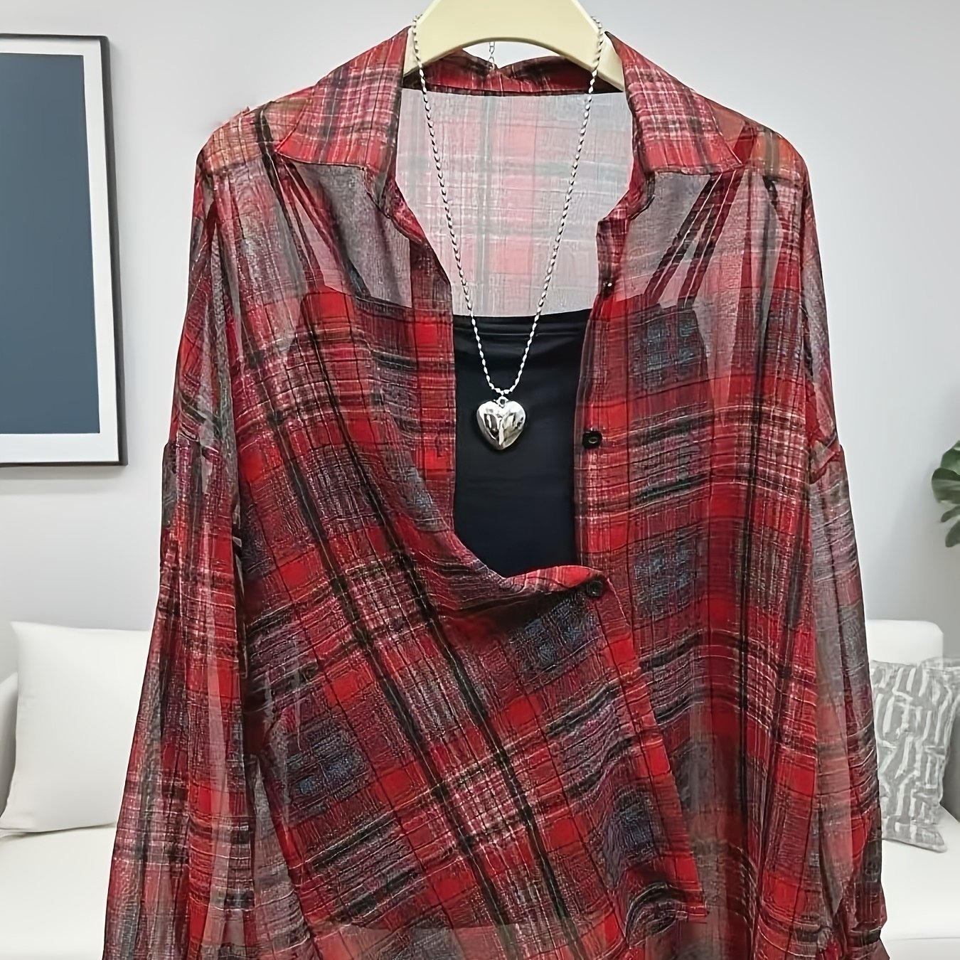 TEMU レディース 赤黒チェック柄シャツ ルーズフィット ボタンフロント カーディガン ト 万能 休暇 オフィス エアコン対応 カバーアップ 韓国スタイル 通気性 ソフト 肌に優しい アウターウェア