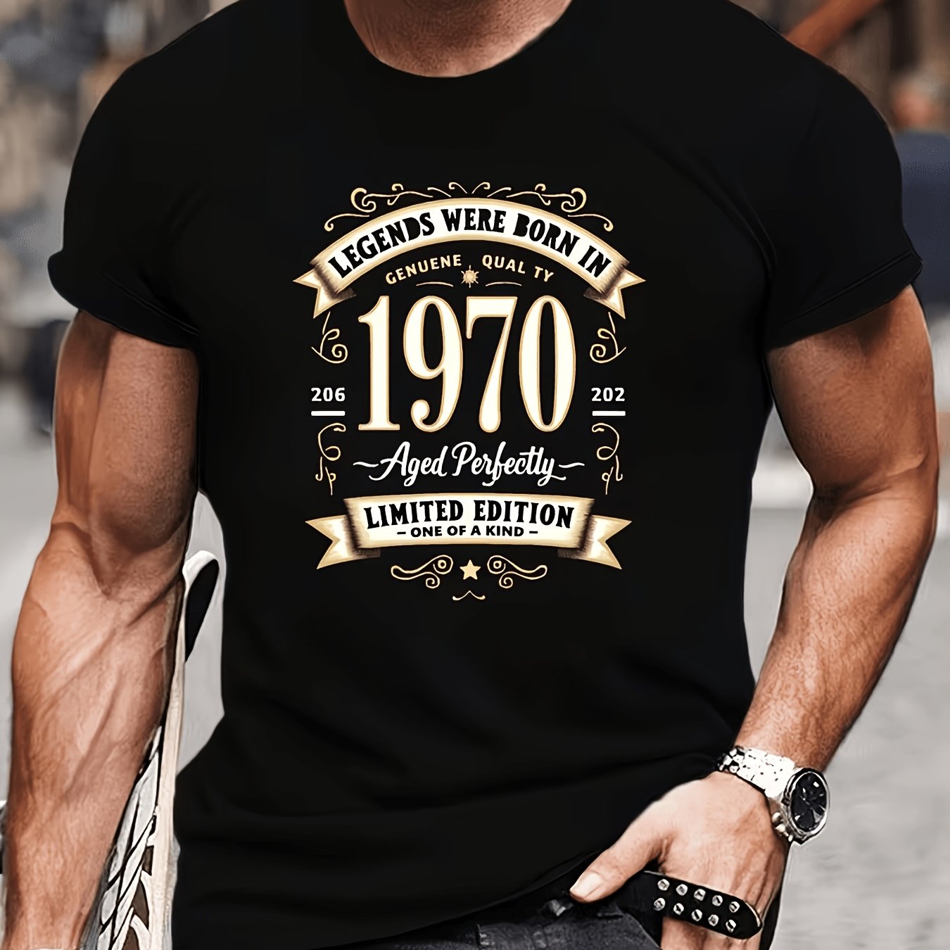 TEMU Men' Graphic T-shirt - Edition Print " Born In 1970", 0.08 Inch, Casual Short-sleeve Summer Shirt, Men's Black Crew Neck