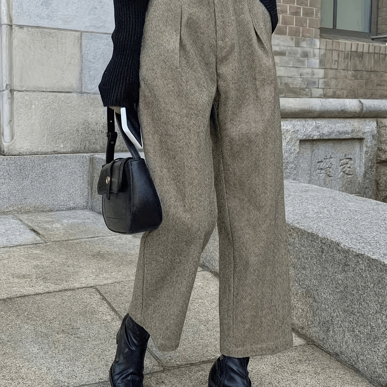 TEMU Women's Herringbone Tweed Wide-leg Ankle Pants, High-waisted Pleated Loose Straight-leg Suit Pants, Autumn/winter Trousers