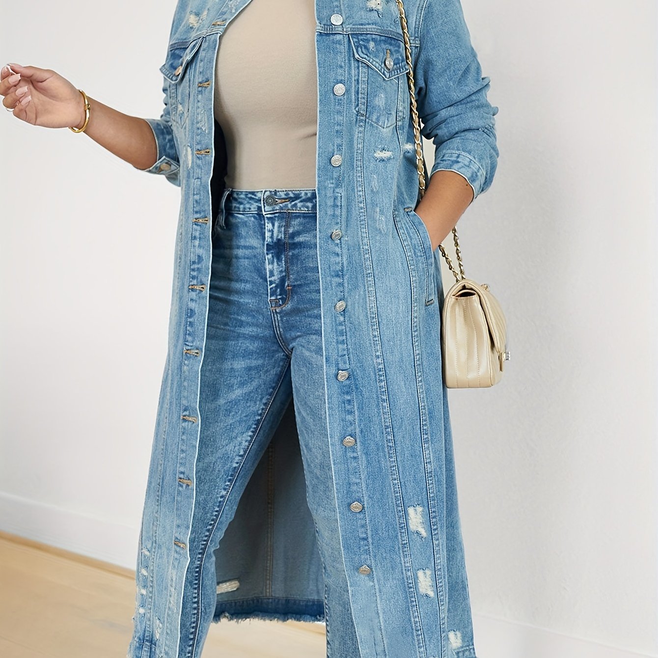 Long Ripped Denim Jacket For Women With Real Pockets, Denim Trench Coat