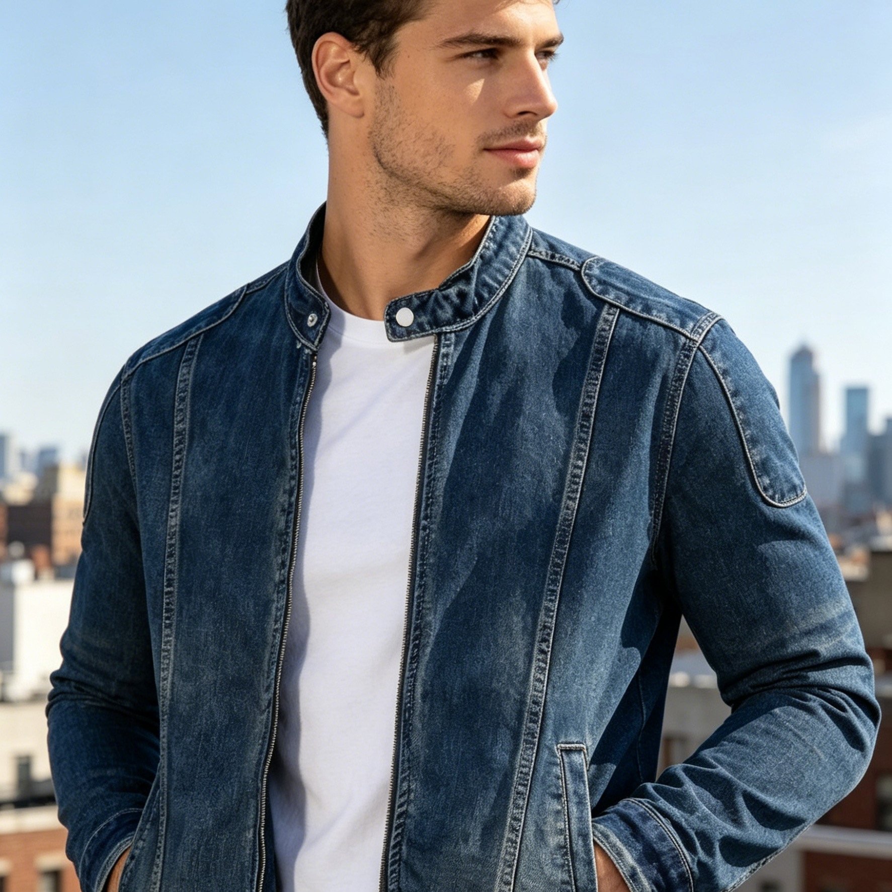 Hme Dark Blue Washed Collar Zipper Denim Jacket Men's Slim Fit Casual Workwear Jacket