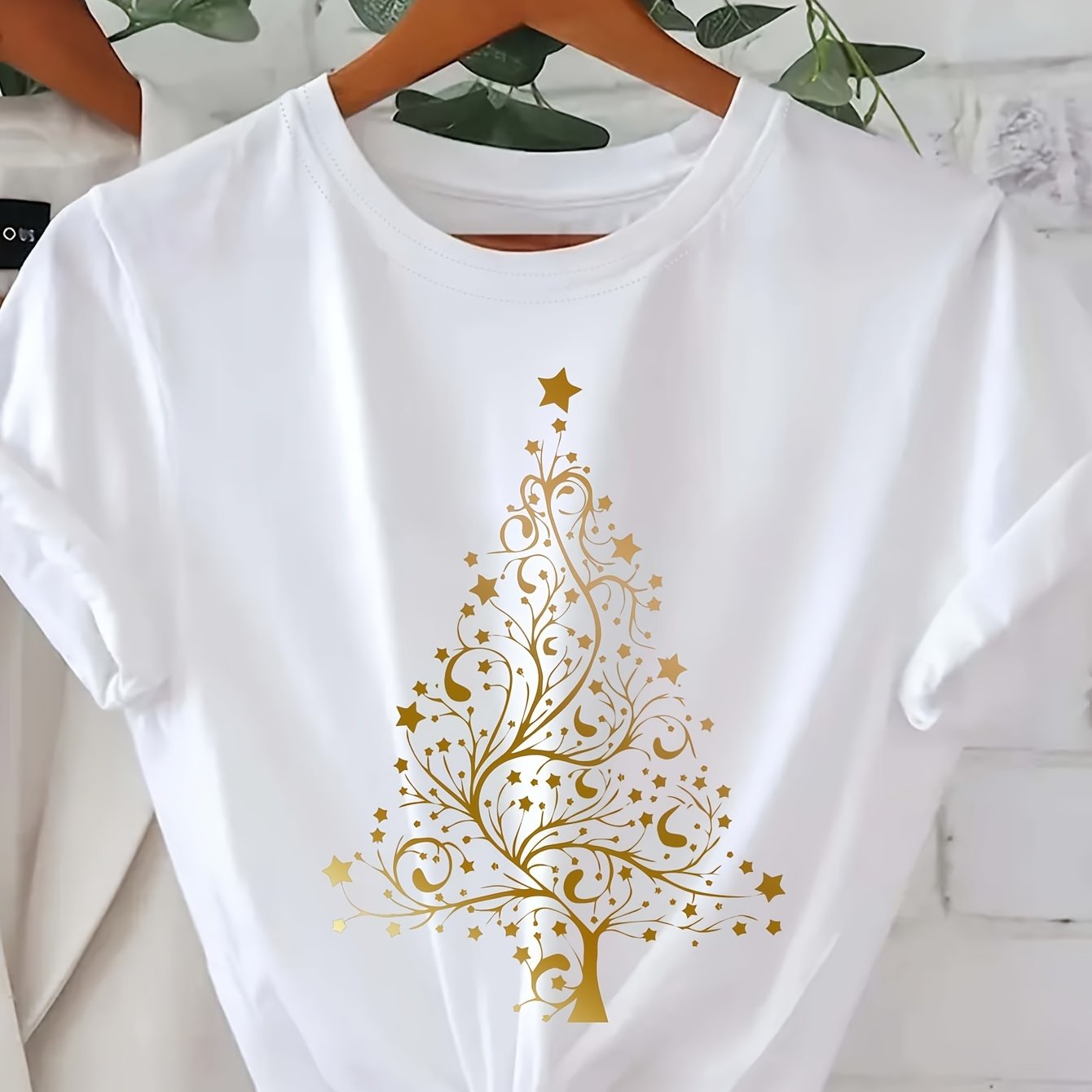 TEMU Women's Christmas Tree Tee - Neck Top, Breathable Polyester , Machine