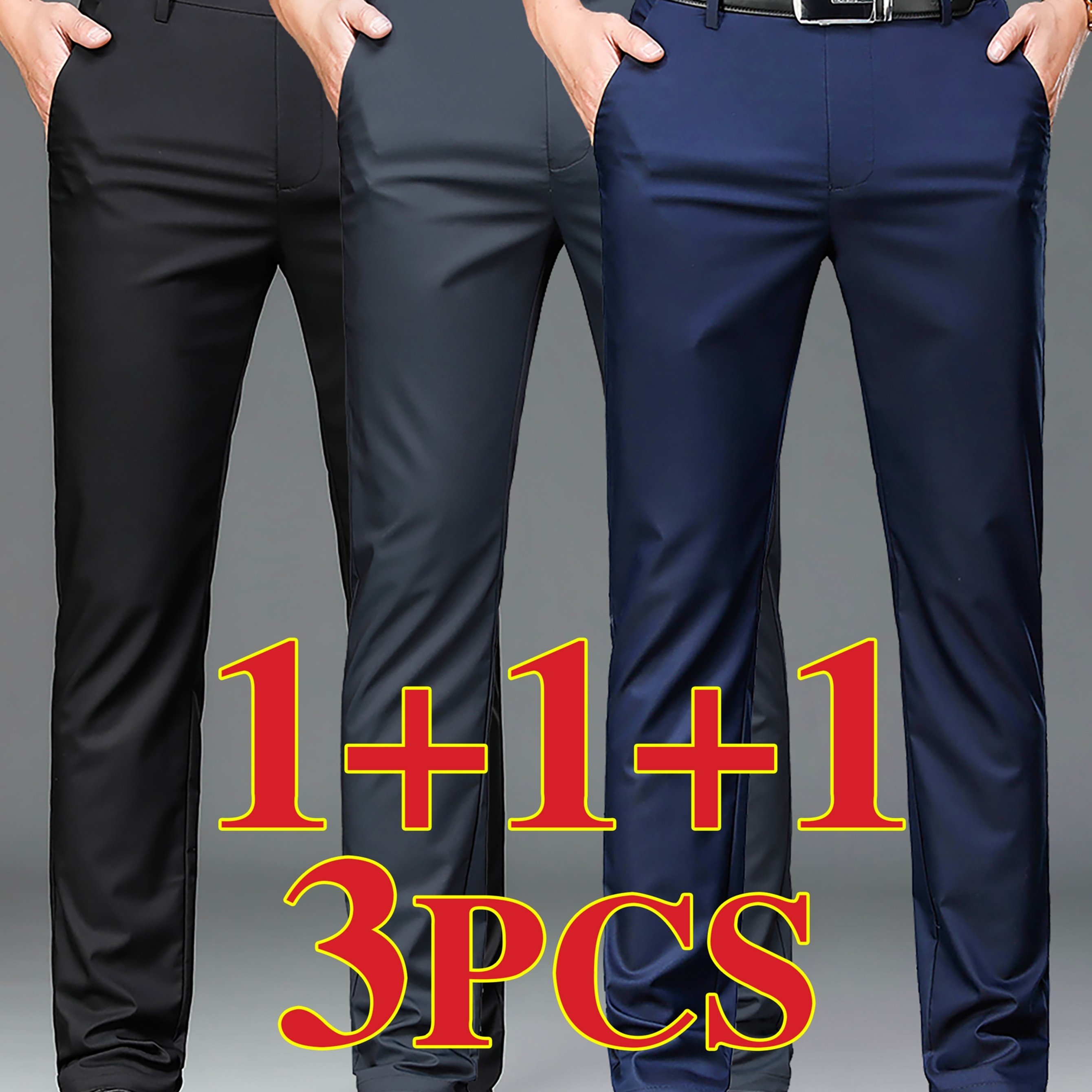 TEMU 3pcs Men's Professional Business Stretch Dress Pants, Casual Loose-fit Versatile Straight-leg Suit Trousers, Office Workwear Pants, In Multiple