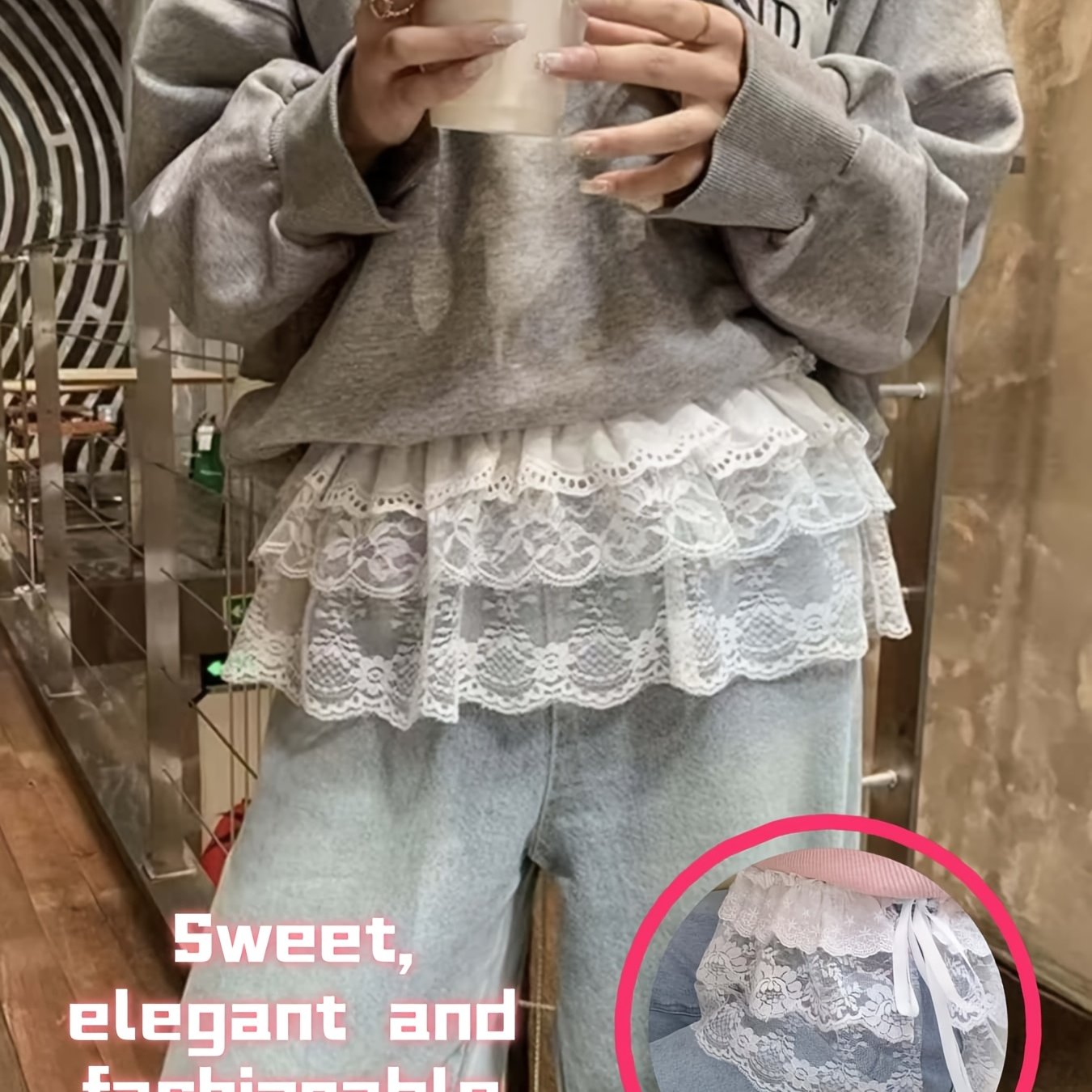 TEMU Walk In A , Korean And Japanese Elegant Women's Clothing, Lace Floral Waist-covering And Layered Puffy A-line Short Skirt, Versatile Sweet And