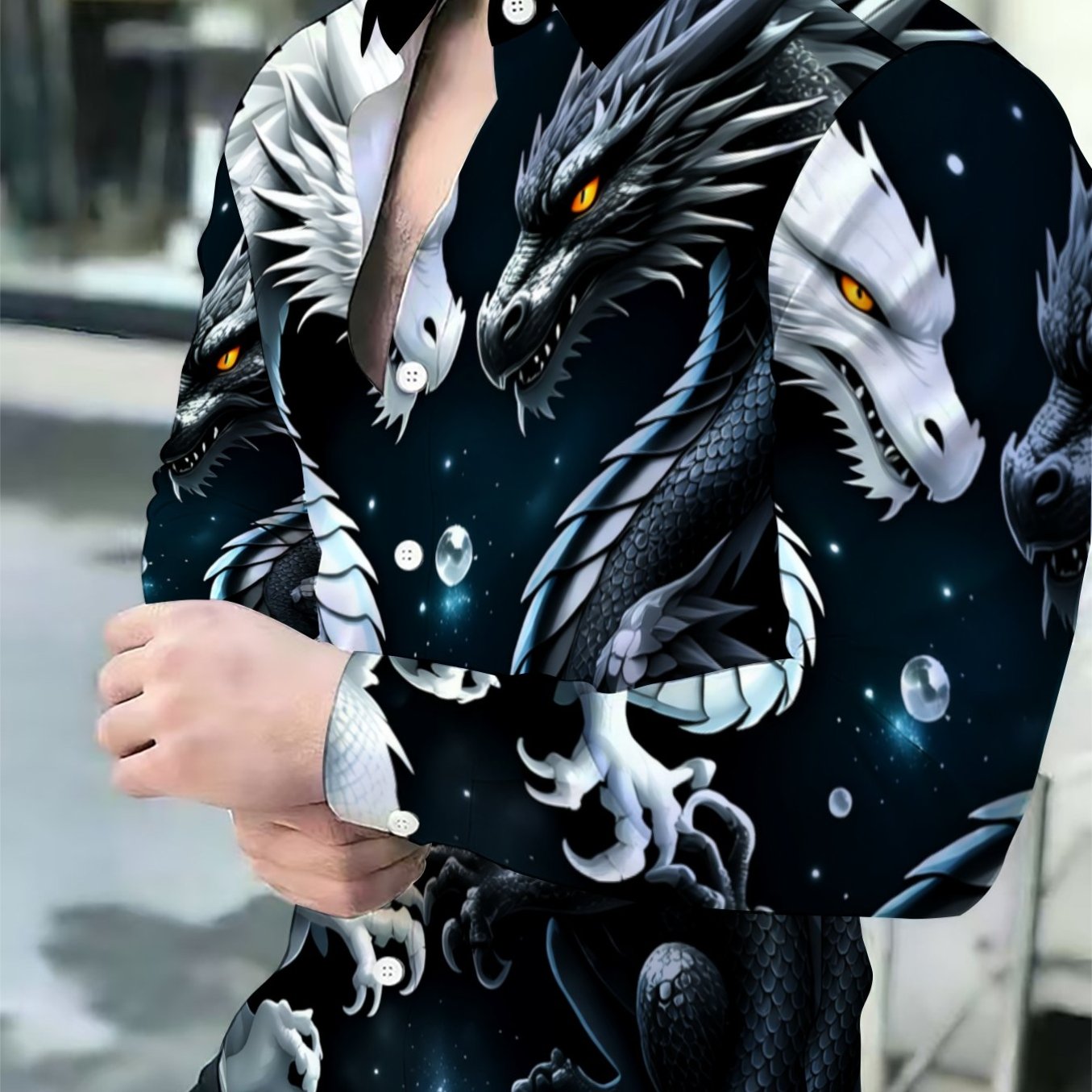 TEMU Stylish Dragon Print Shirt For Men, Featuring A Trendy Korean Design, Slim Fit Long Sleeves, And A New 2023 Streetwear Style