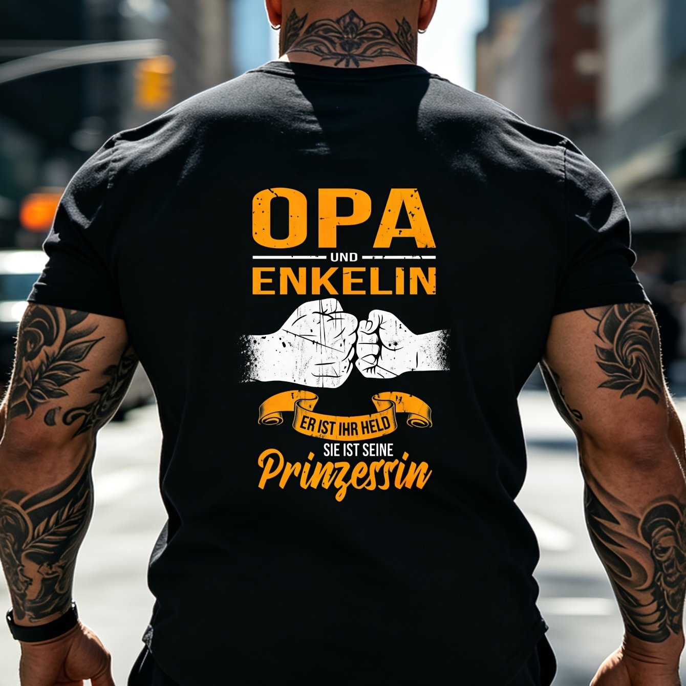 Image of Grandpa And Granddaughter T-shirt - Designed With The German Text "your Hero And " With Orange Crew Neck Short-sleeve Shirt Suitable As A Gift For, Plus Size