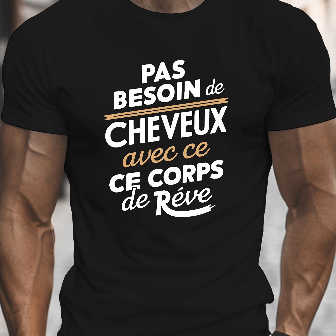 TEMU T-shirt Homme Imprimé Humoristique "Pas Besoin de Cheveux", Léger, Col Rond, Manches Courtes Décontracté, Idéal pour les Fêtes, Mode Streetwear,