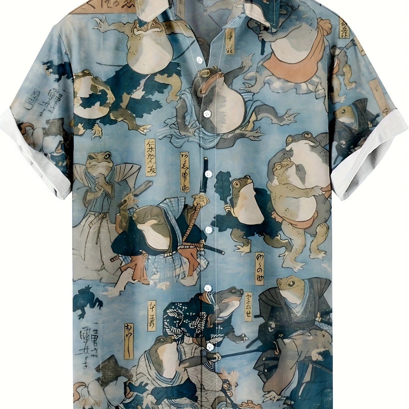 TEMU Men's Hawaiian Button-up Shirt With Japanese Animal Print - Breathable Short-sleeve Casual Shirt For Summer, Beach, And Streetwear, Machine