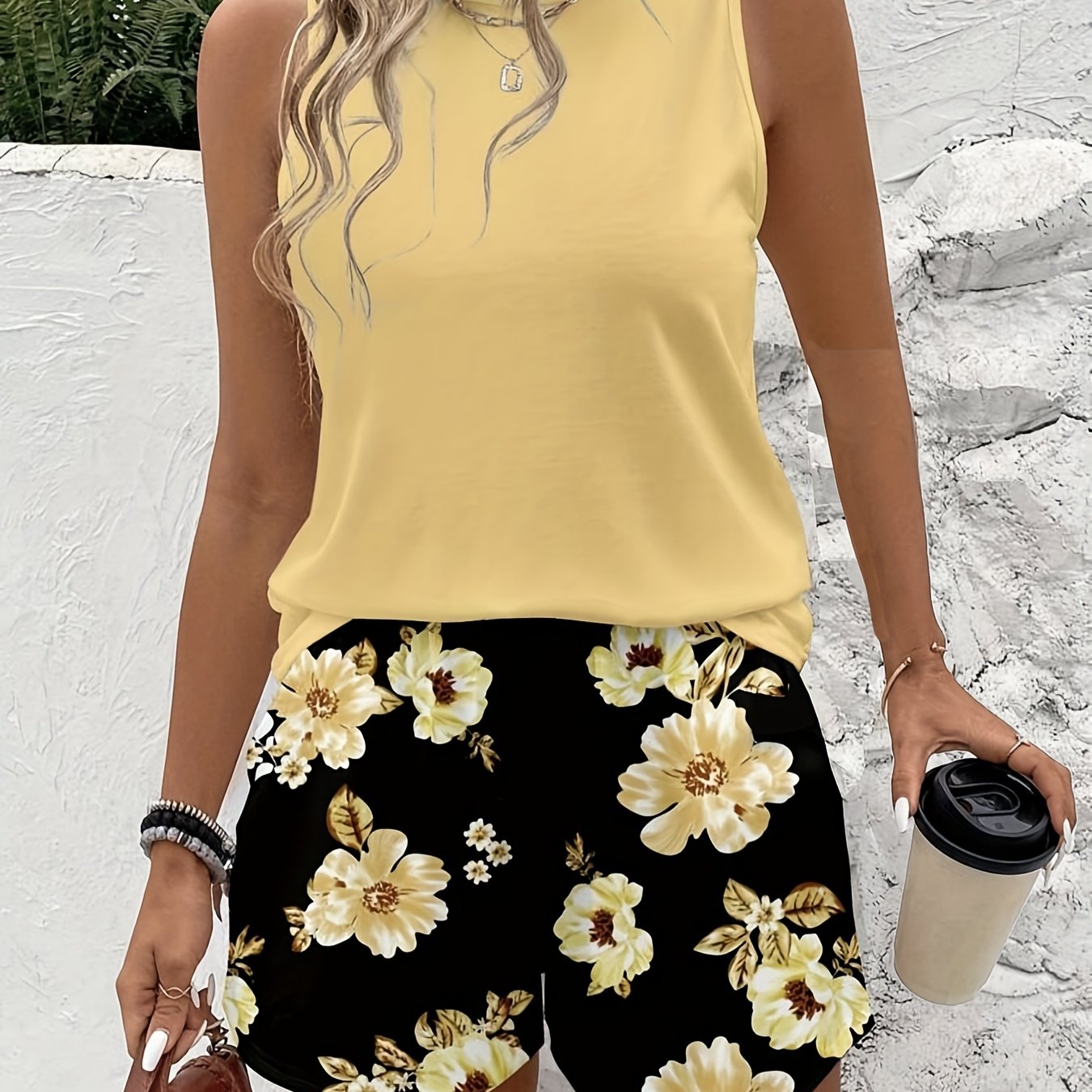 TEMU Women's Elegant Floral Print Pajama Set, Women's Comfortable Floral Pattern 2pcs Set, Women's Casual Round Neck Sleeveless Vest T-shirt Top And