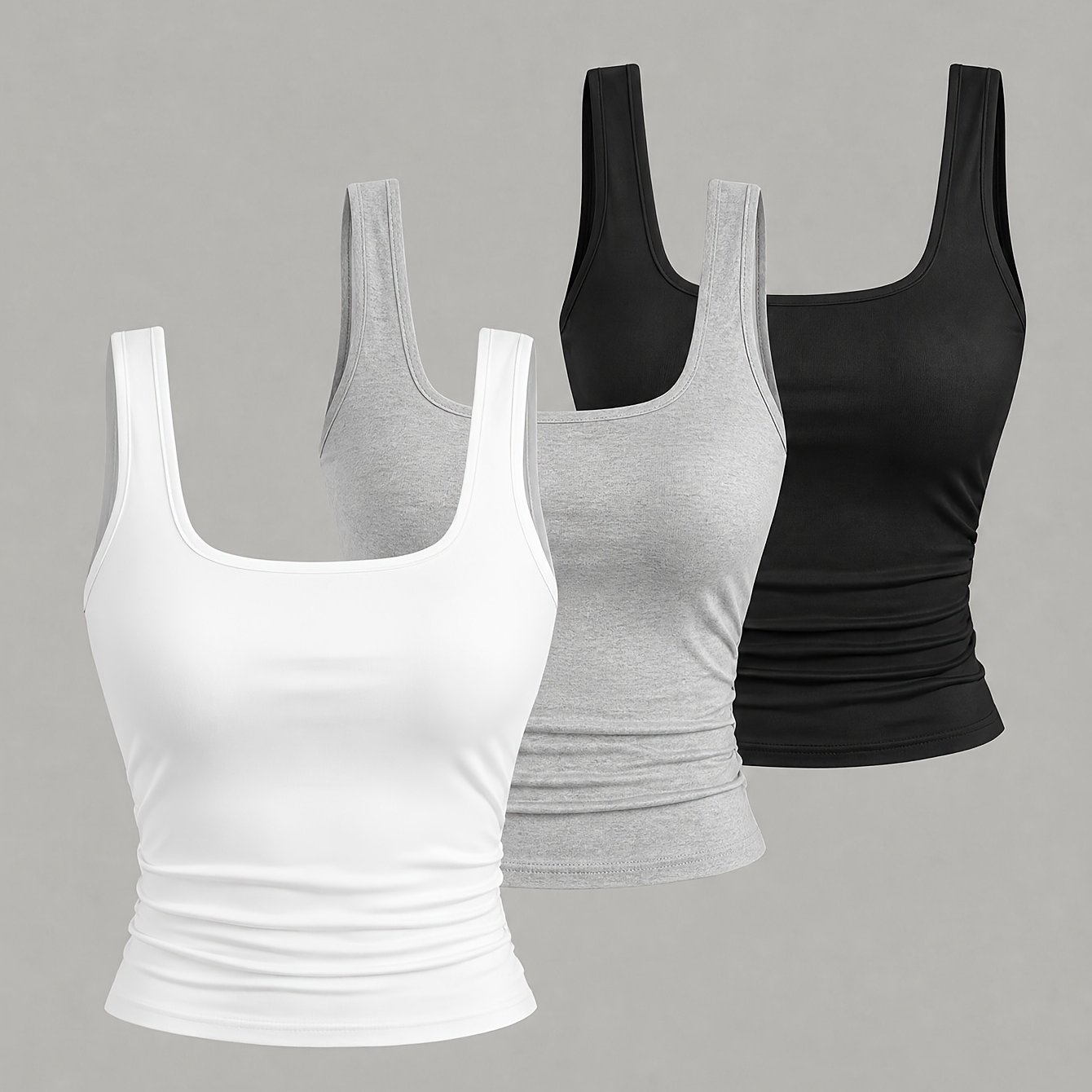 TEMU Ensemble de 3 débardeurs camisole décontractés pour femme à carrée et plissés, imprimé couleur unie, haut de détente d'été simple et coupe