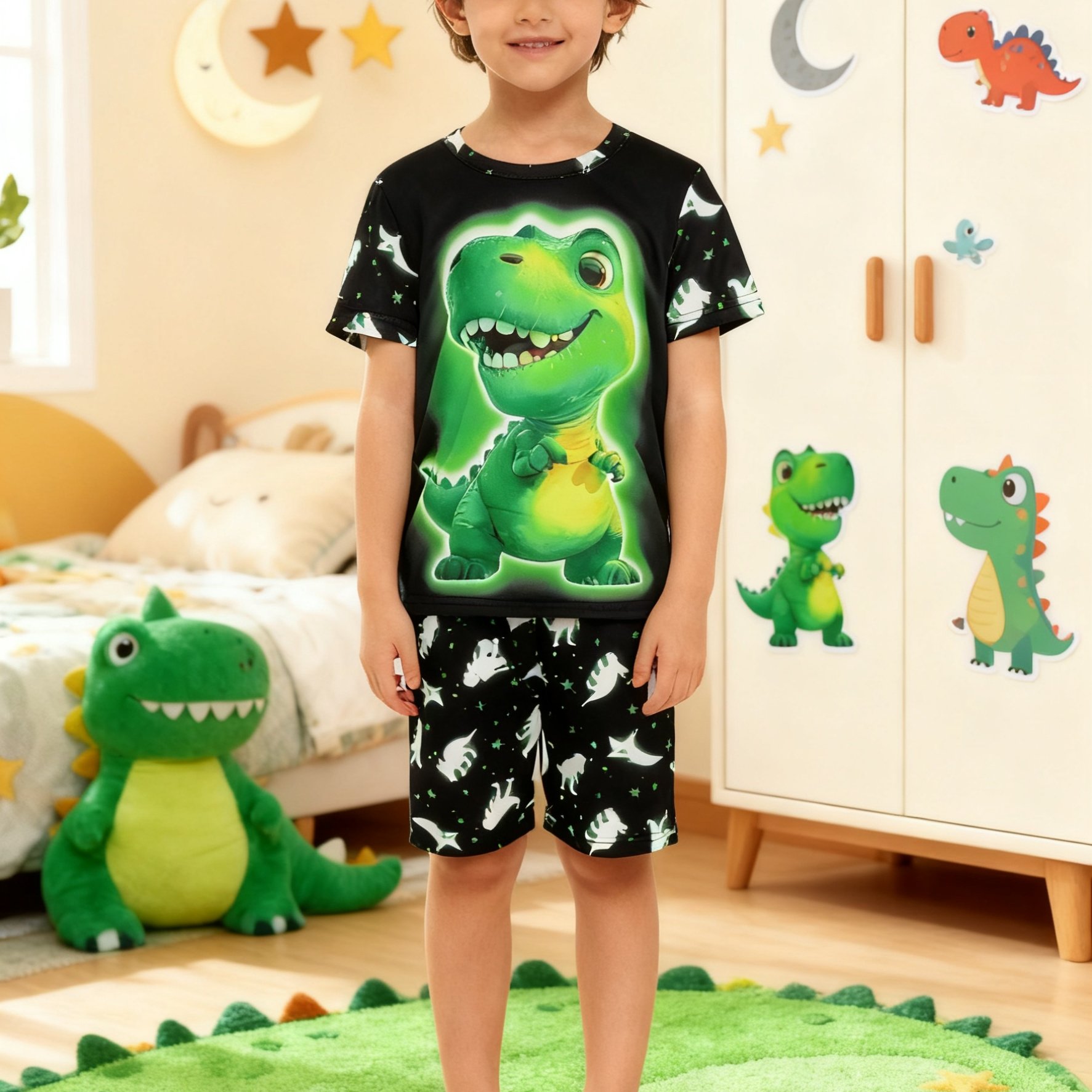 Image of 2pcs Boys' Dinosaur Pajamas & Sleepwear - Flame-resistant Sleep Bedtime Clothes With Matching Shorts & Top, Summer ' Pajamas For & ( Boys)