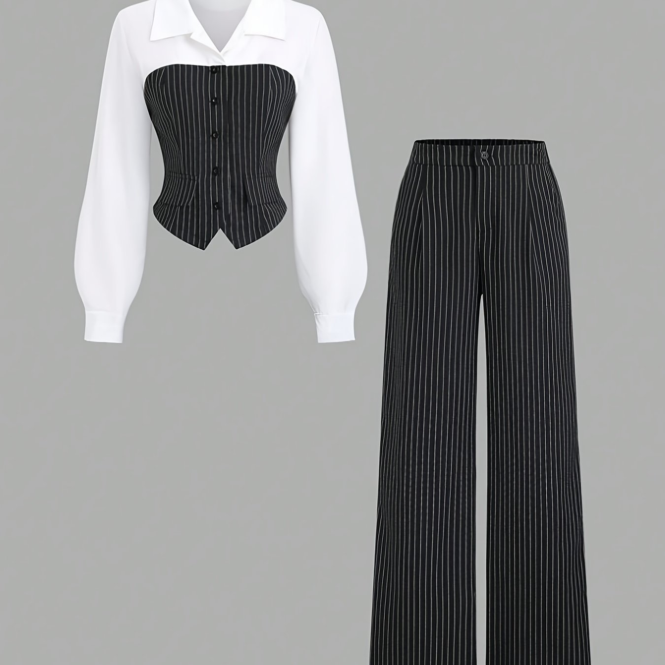 TEMU Ensemble 2 pièces pour femme : haut chemise à décoratifs à une rangée de boutons avec poche et imprimé à rayures de couleurs contrastées, et