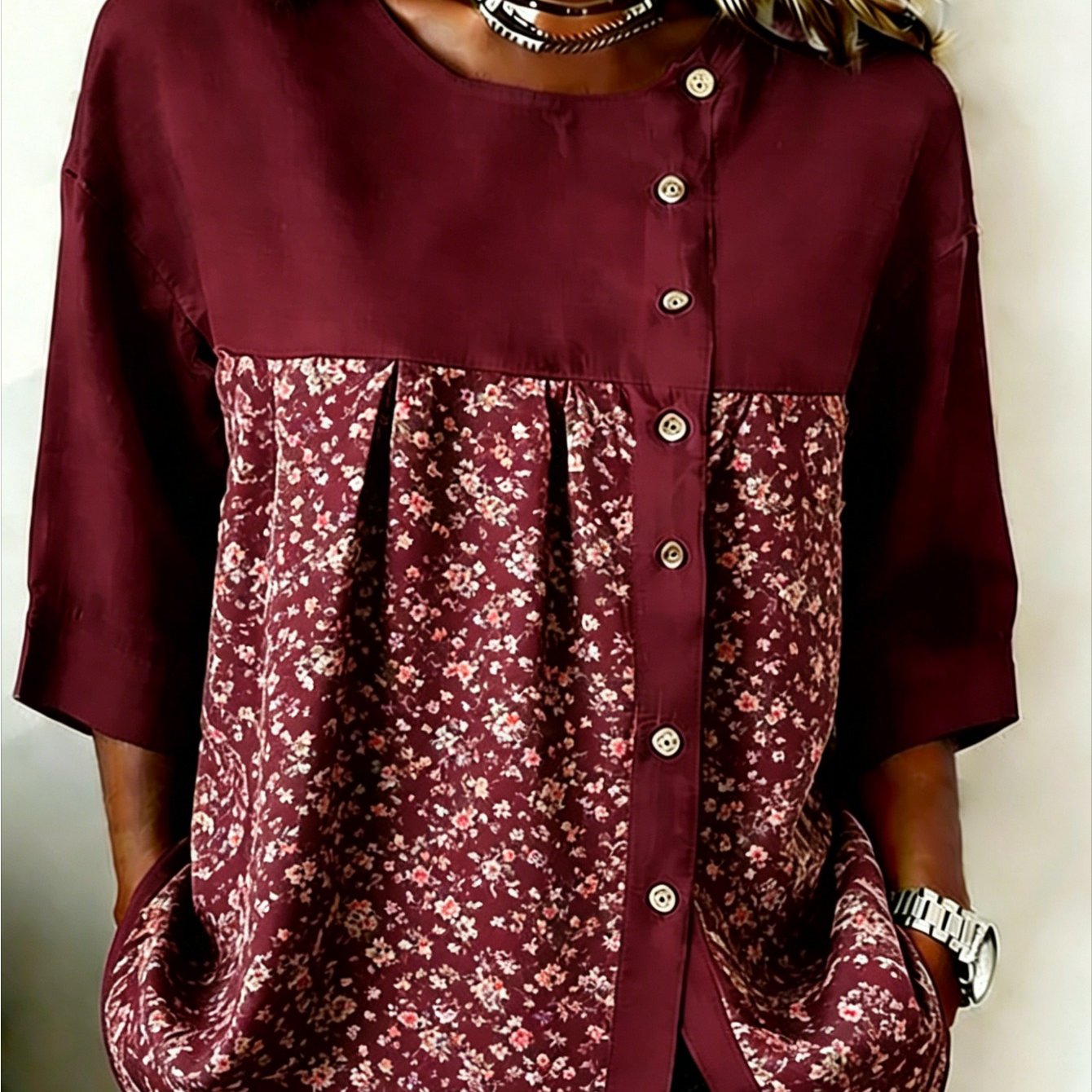Image of Plus Size - Large Size Women's Crew Neck Button Floral Loose Top, Suitable For Daily Wear And Going Out, Easy And Elegant Style, With Elegant Charm, Suitable For , From Casual To Semi-formal Settings