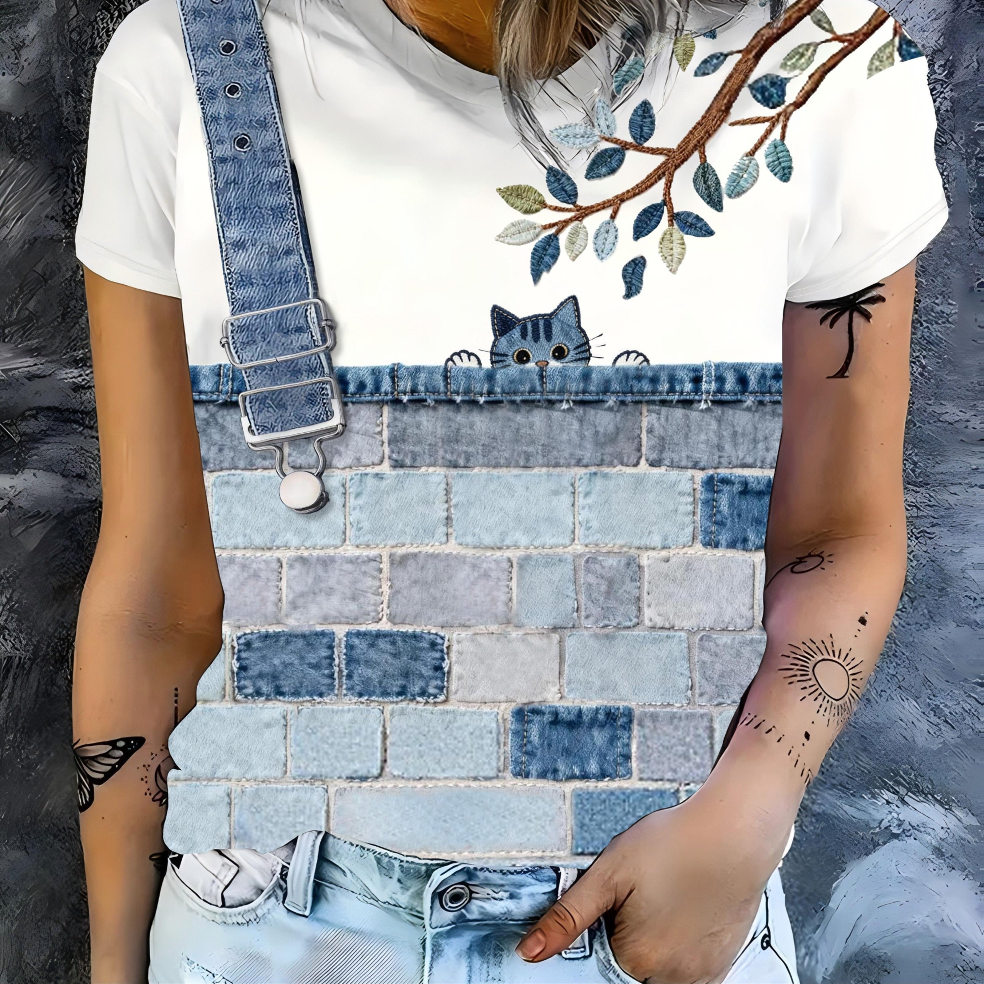 TEMU Printed Pattern Is Not The Fabric Texture. 2-d Printed Women's Round-neck Short-sleeve T-shirt With A Fun And Cute "cat Wall" Print. Fresh And ,
