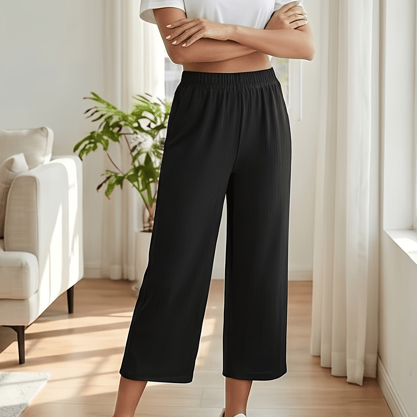 TEMU 1pc Of Summer Women's Loose-fit Solid Color Capri Pants, Casual Summer Women's Trousers With A , Lightweight And Comfortable