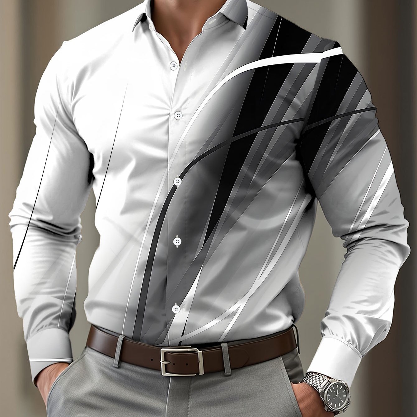 TEMU Men's Long-sleeve Print Shirt In Black, White, And Gray With Elements, Featuring A Minimalist . This Stylish Casual Shirt Has A Button- Collar