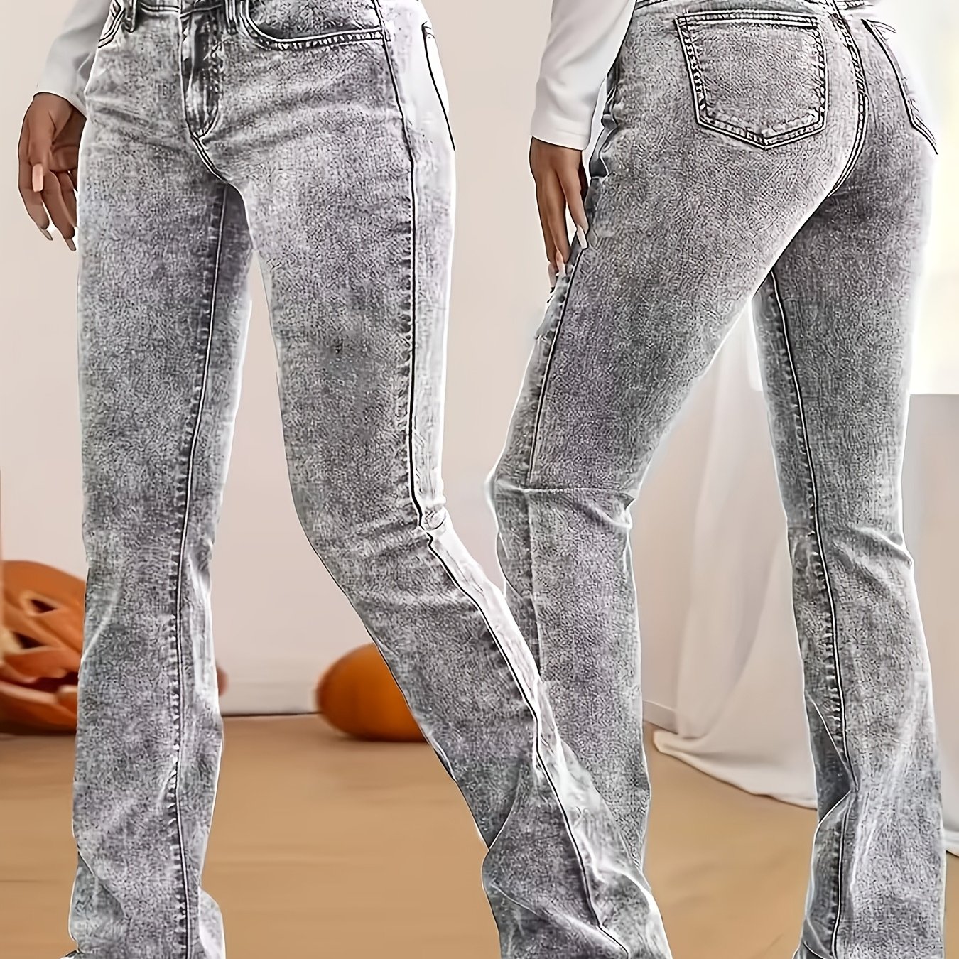 TEMU 1pc Fashionable Slim-fit Stretchy Flared Pants 8150 , Medium Stretch Fabric, Washed Solid Color, Long Length, Low Waist, Button Fly Closure,