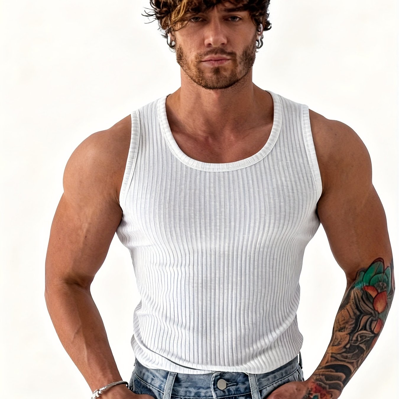 TEMU Xingmengzhi Obm Men' Color Sweat-absorbent Tank Top, Ribbed Slim-fit Training Sports Casual Stretchy Versatile Sleeveless Top