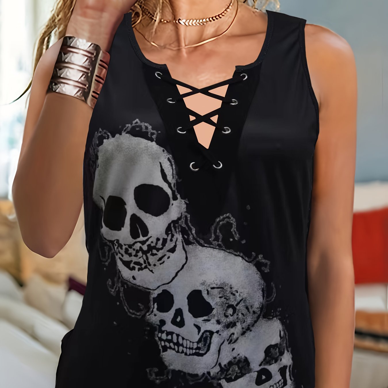 Women' Sleeveless V-neck Lace Top With Gothic Bone Print - Sleeveless Vest Blouse, Machine Washable Elegant Shirt For Casual Or Dressy Outfits (non-) - Style