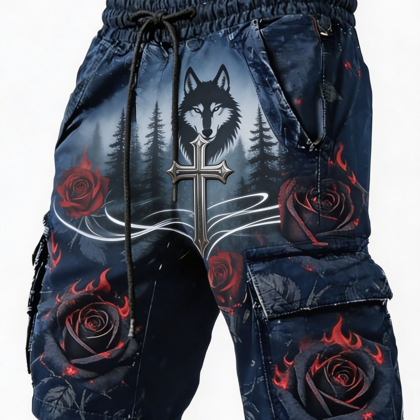 Image of Wolf Cross Rose Print Men's Cargo Shorts, No Special Texture/ Non-embroidered, Drawstring Loose Casual Pants, Suitable For , Ideal For Casual And Daily Leisure Activities, A Great Gift Option