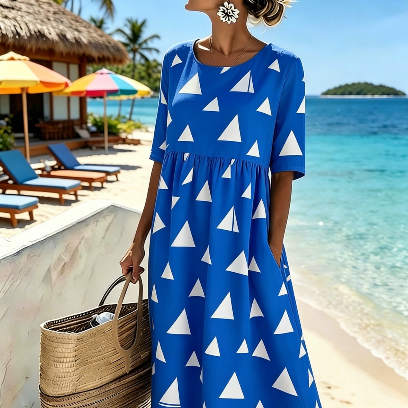 Women's Elegant Midi Dress - Casual 3/4-sleeve, Crew Neck, Loose-. Machine Washable. A Comfortable Beach And Vacation Dress, Perfect For Travel, Getaways, And Everyday