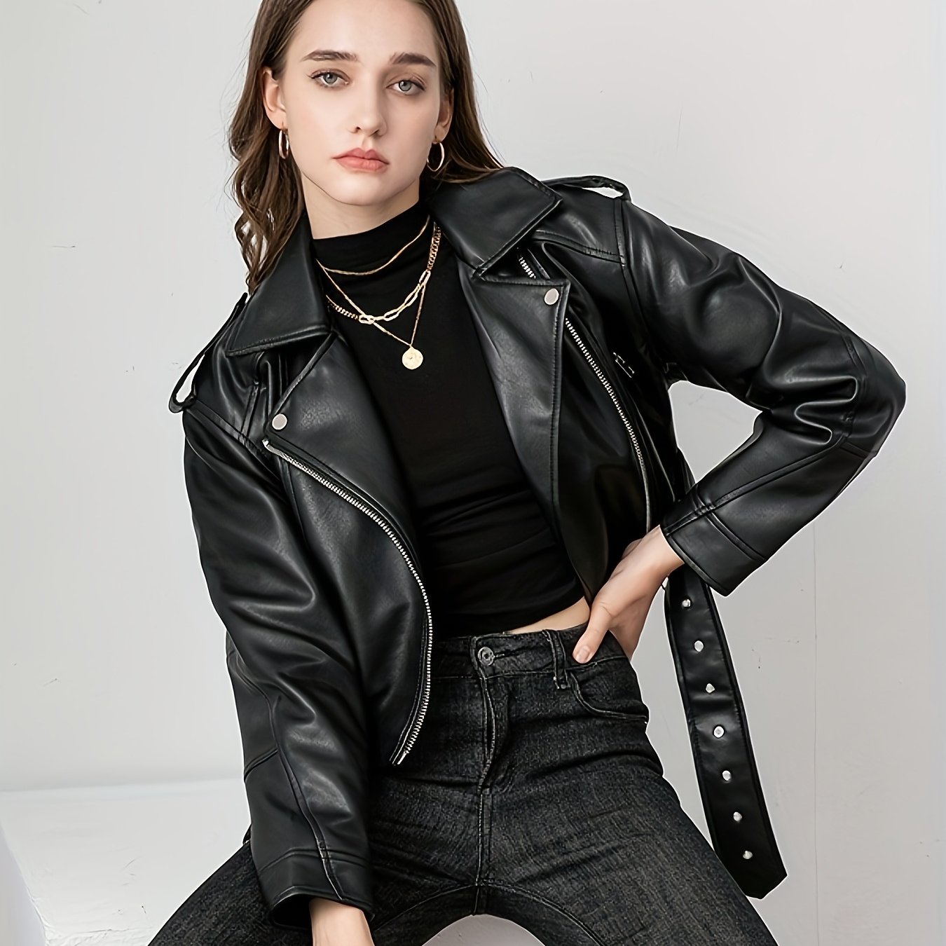 TEMU Women's Pu Motorcycle Jacket With Full-zip Front Closure, Asymmetrical Zipper & Belted Waist - Casual Biker Jacket, Regular Fit Long Sleeve,