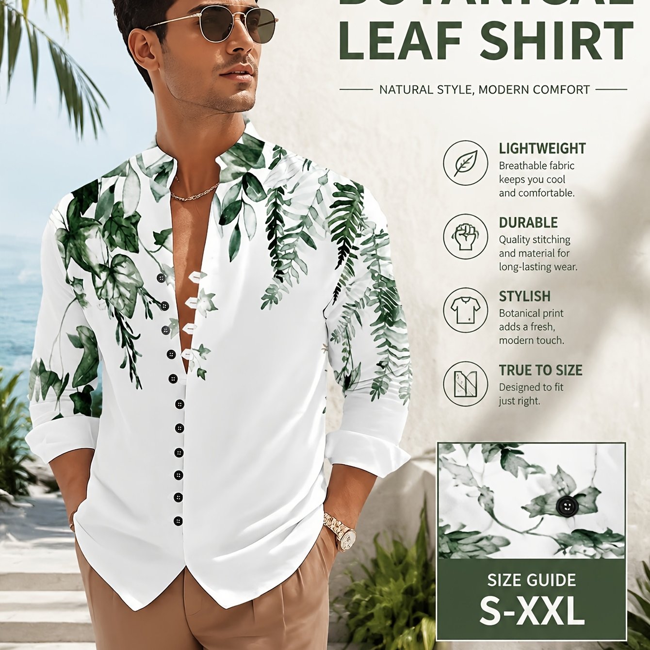 TEMU Men's 11-button Long Sleeve Shirt Printing Plant Pattern Casual Versatile Spring Autumn Youth Top