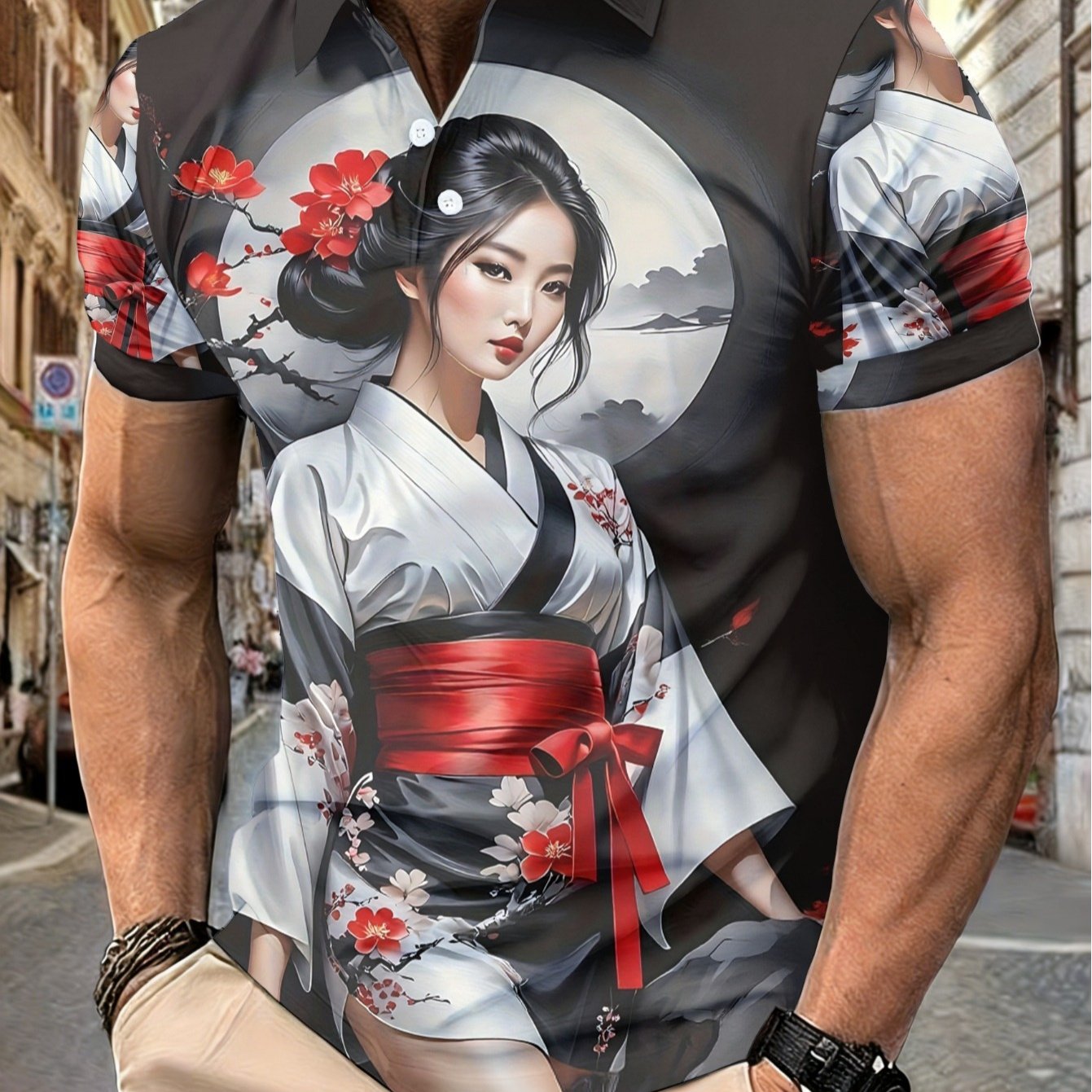 TEMU 일본 게이샤 디자인 남성용 경량 폴로 셔츠, 레스토랑 또는 평상室内용으로 적합. 블랙 배경에 레드와 화이트의 꽃무늬가 상감된 프린트 디자인, 질감 없음
