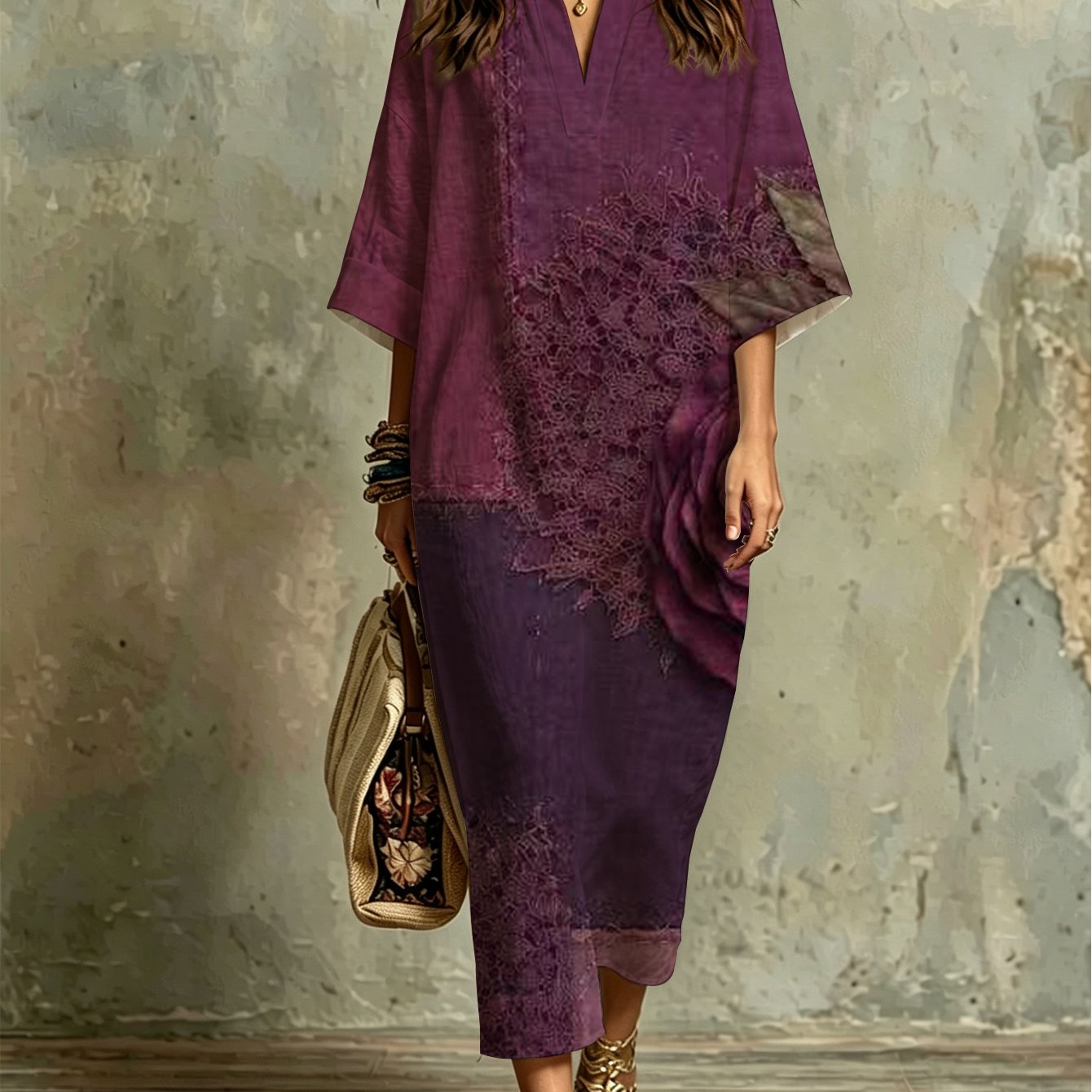 Image of Plus Size, Fashion Women's Kaftan Dress With 3d Purple Rose Applique, Design And Lace Trim, Comfortable Loose Fit For Beach Vacation, Evening Party And Casual Daily Wear