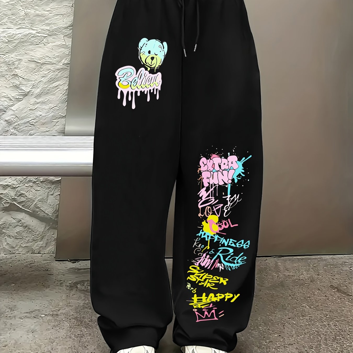TEMU Graffiti Bear Letter Print, Stylish And Versatile Drawstring Elastic Waist Design, Casual And Vibrant Women's Wide-leg Loose Straight Long Pants