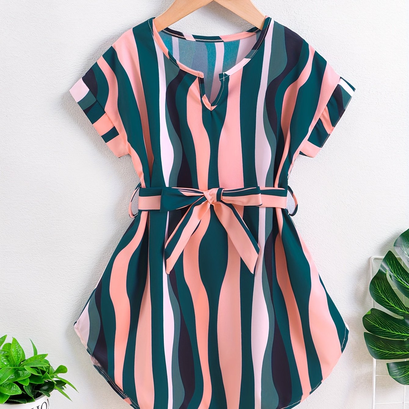 Image of Girls' Summer Casual Fashion Colorful Striped Irregular Skirt With Waist Tie Dress, Chest Size Be 2.5cm Below For Accuracy