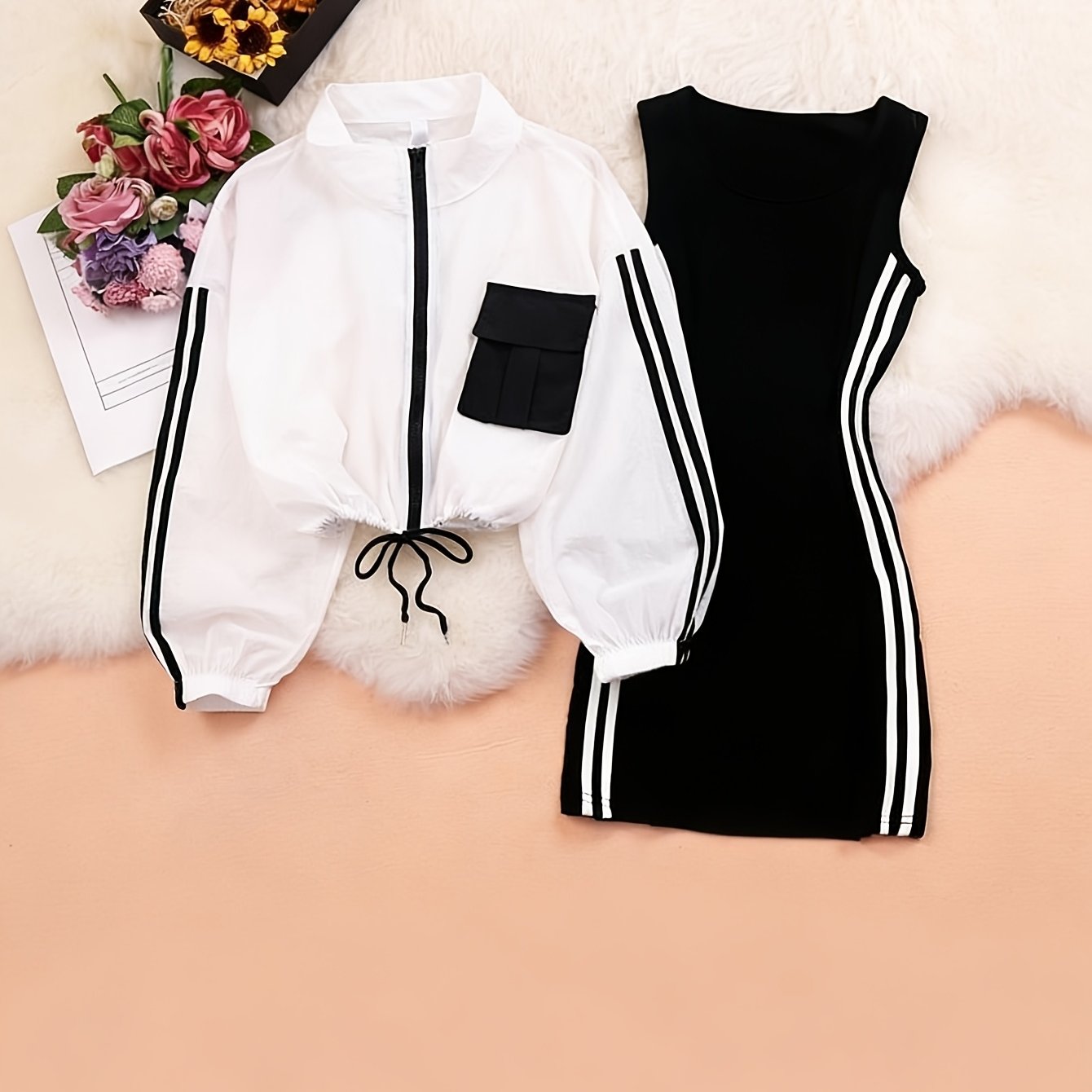 Image of 2ps, 2pcs Set: Ultra-thin Sunscreen Jacket And Vest Dress, Women's Sheer Jacket, Drawstring , Contrast Style, Suitable For Spring And Autumn Wear