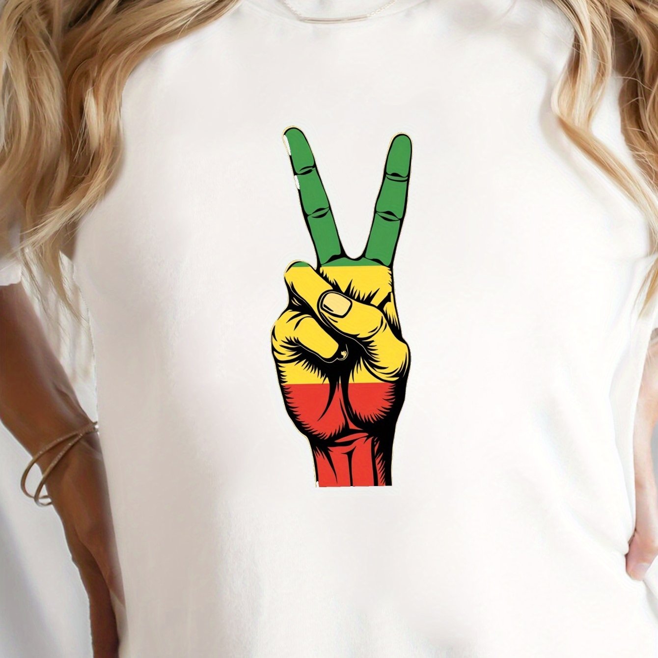 TEMU Peace Sign With Reggae Colors Print T-shirt, Short Sleeve Crew Neck Casual Top For Summer & Spring, Women's Clothing