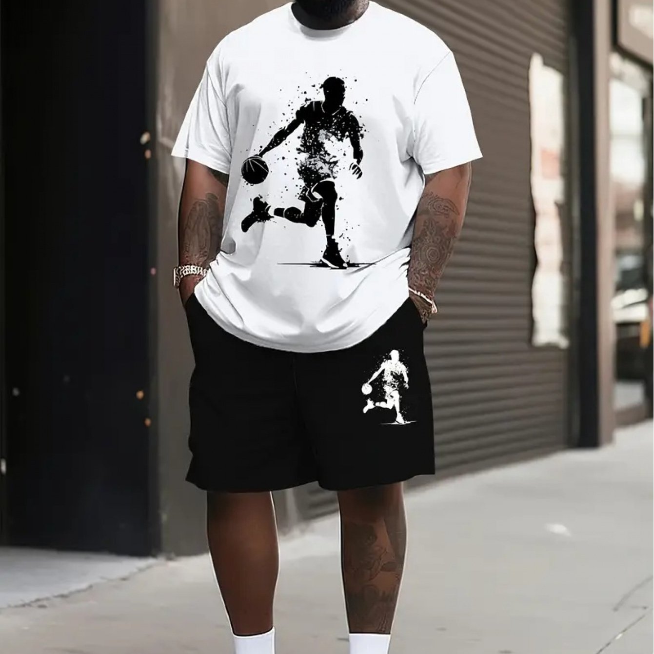 TEMU Ensemble T-shirt et short de basket-ball décontracté pour homme - Polyester , imprimé , col rond, manches courtes, coupe standard, tenue d'été