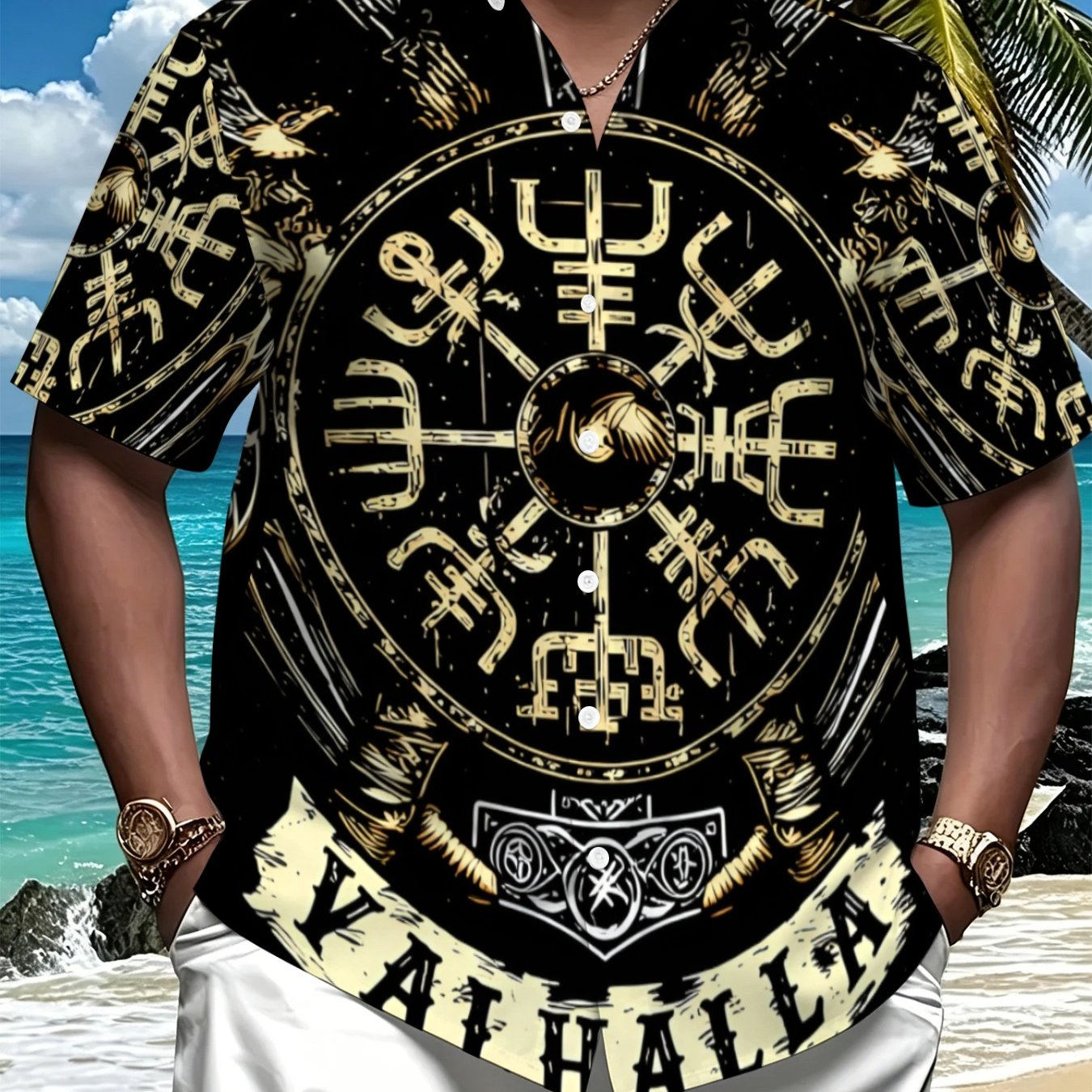 TEMU Black Hawaiian Style Plus Size Short Sleeve Shirt, Men' Beach Casual Top, Retro , Lightweight Breathable Quick Dry, Summer Trendy Clothing