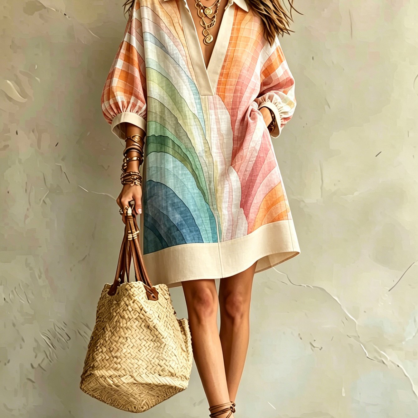 Image of Women's Summer Dress, Summer Gradient Rainbow Collar V-neck, Loose Straight Short Version, Bohemian , Breathable And Comfortable Fabric, Lazy And Casual, Hides And Shows Slim, Suitable For Daily , Be
