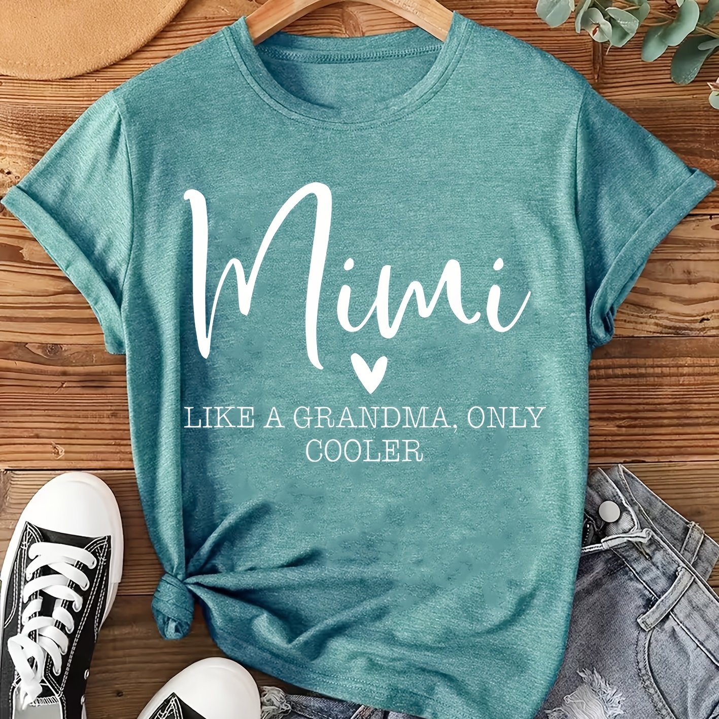 TEMU Elegant Women's Short Sleeve T-shirt | Mimi Grandma-inspired Funny Slogan Print, Comfortable Soft Breathable, Casual Easy Retro Fresh, , Crew