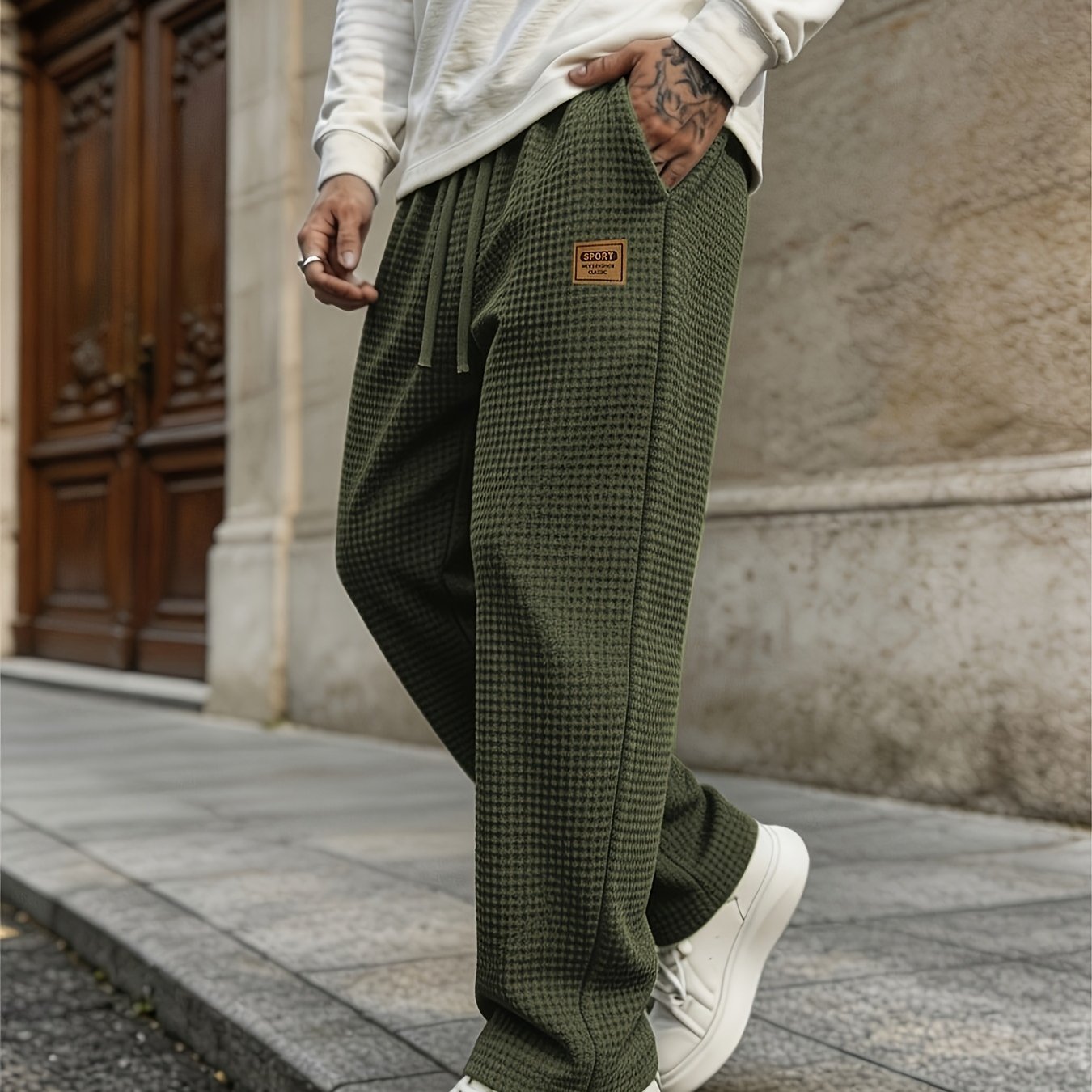 TEMU Practical Trousers Suitable For Work , Spring/autumn Men's Loose Wide-leg Pants, Casual Solid Color Waffle Long Pants, With Athletic Logo And