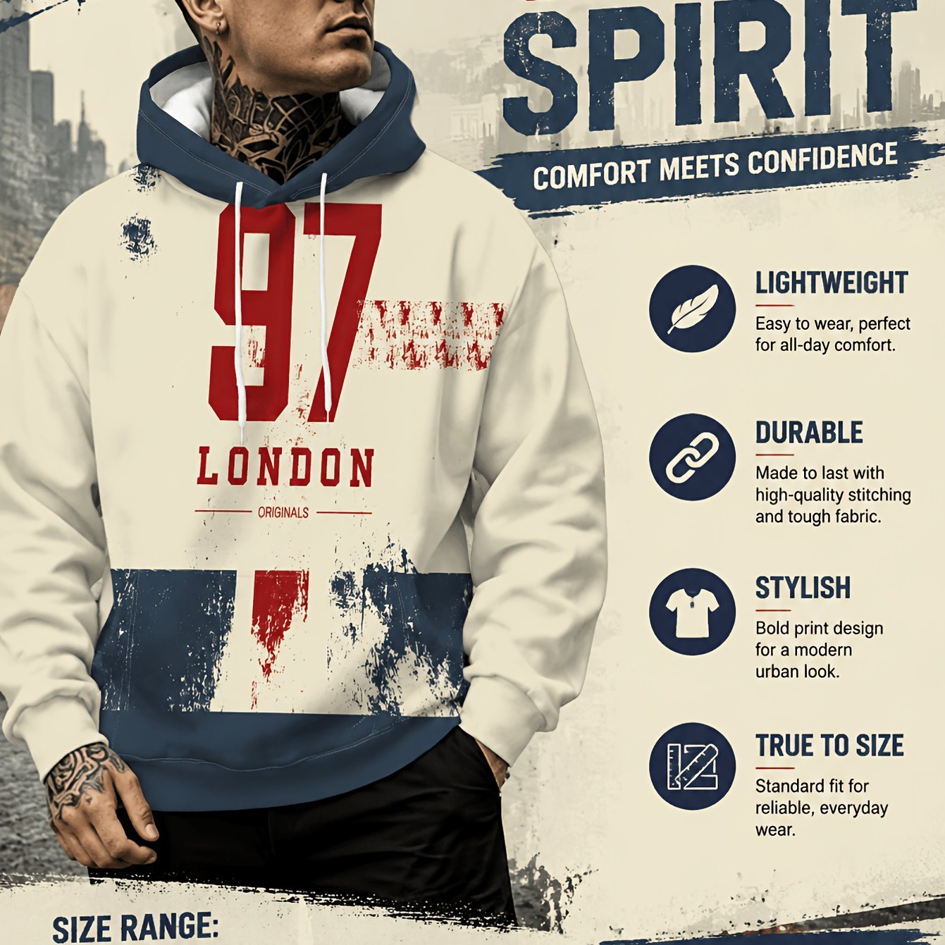 TEMU Men's Plus Size Hoodies Vintage Distressed 97 London Block Hooded Sweatshirts Loose Casual Streetwear Tops Big And Tall Male Clothing 1xl-9xl,