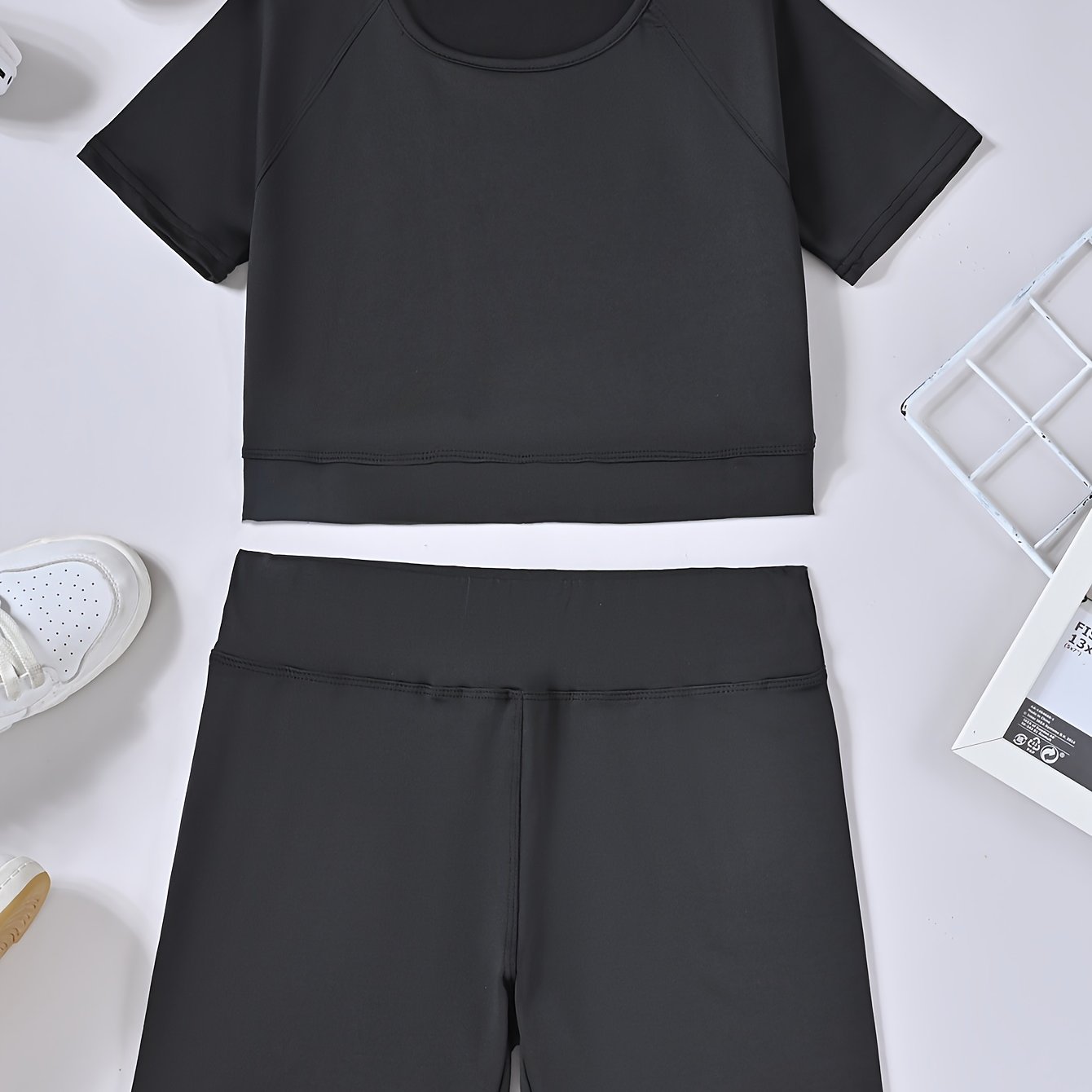 Image of 2pcs Set Girls' Solid Color Crop T-shirt And Wide Waistband Sports Shorts, Perfect For Outdoor
