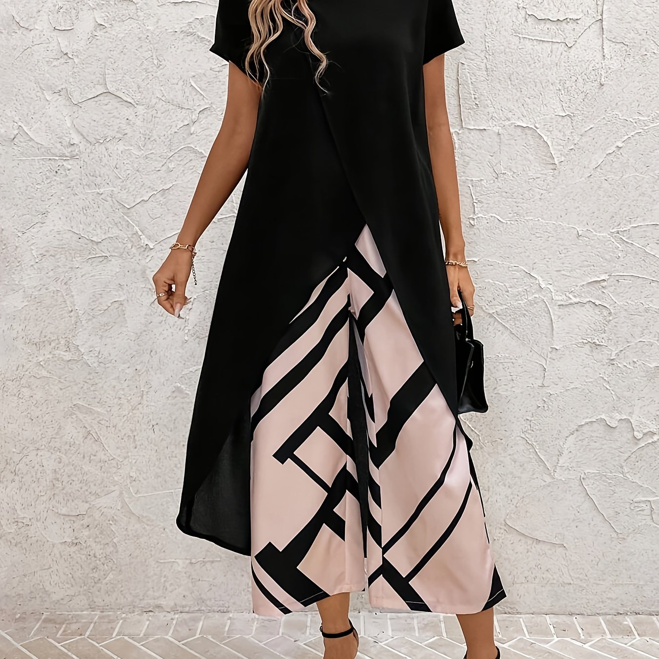 Women' Colored Asymmetric Hem Short Sleeve Top And Print Long Pants Two-piece Set