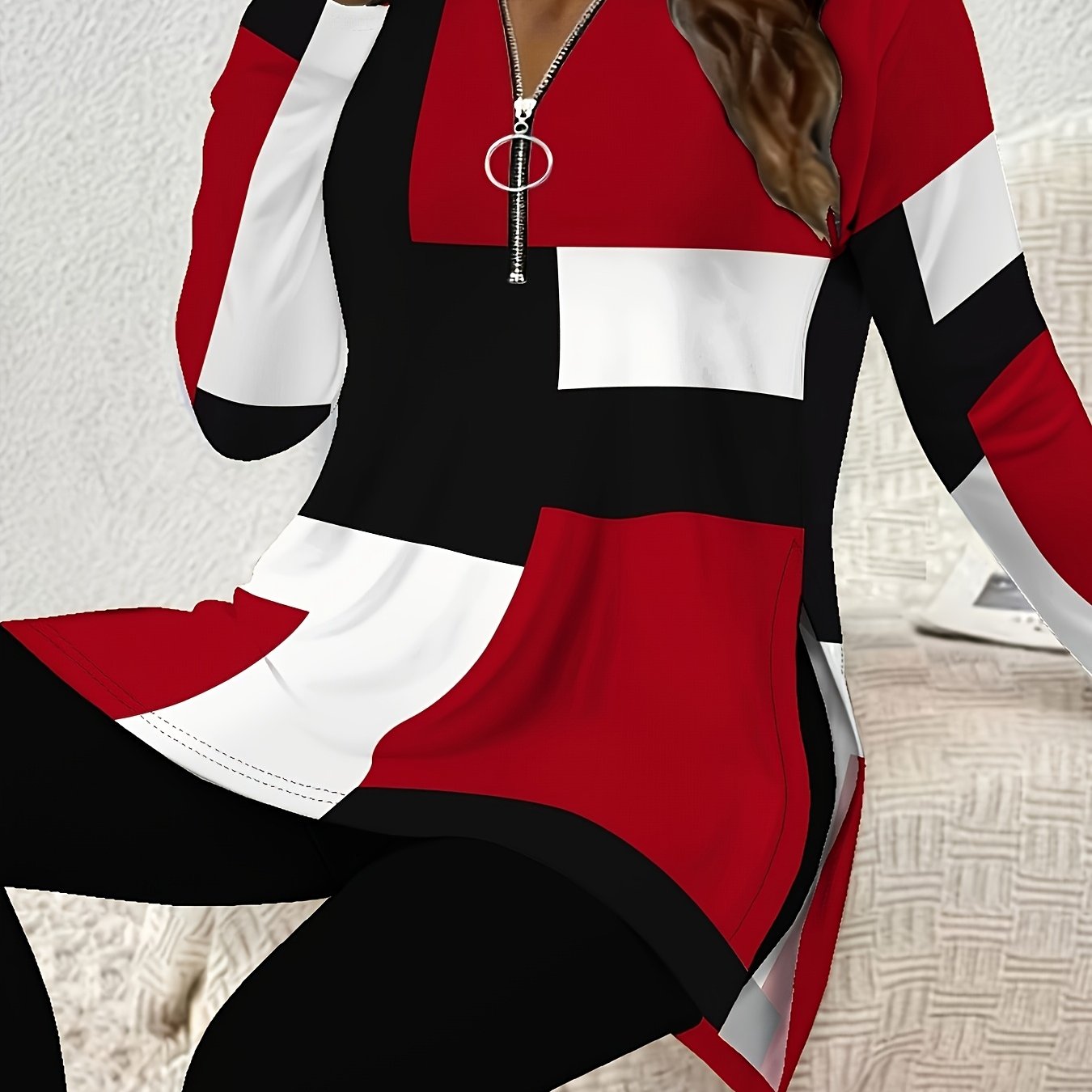 TEMU Elegant V-neck Long-sleeved T-shirt With Geometric Pattern And Side Slits, Stretch Fabric, Zipper Detail - Suitable For Women's Casual Fashion