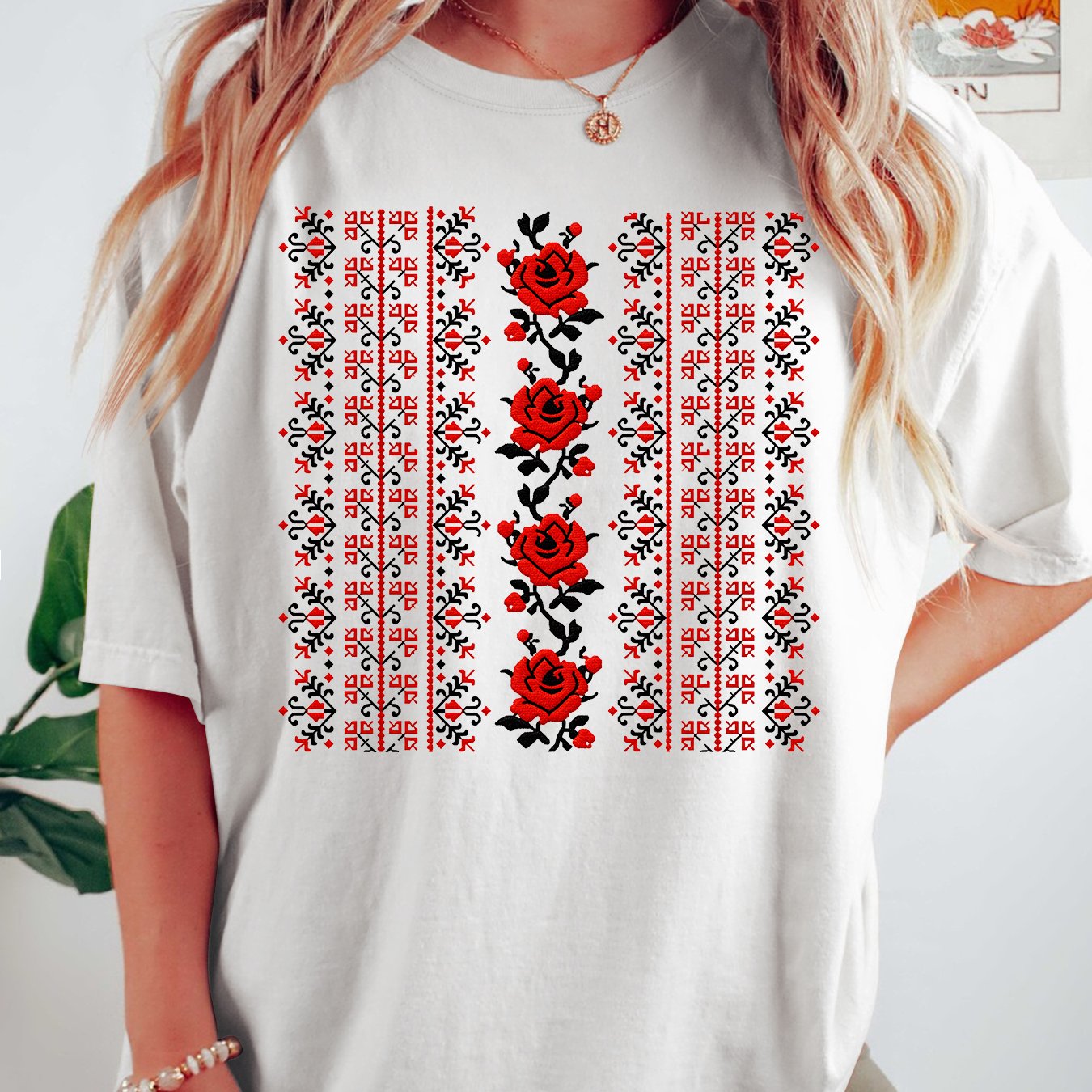 TEMU Women's Summer Plus Size Top | Red Rose Ethnic Floral Pinstripe Geometric Retro Printed Women's T-shirt | Folk Floral Retro Style Loose Round