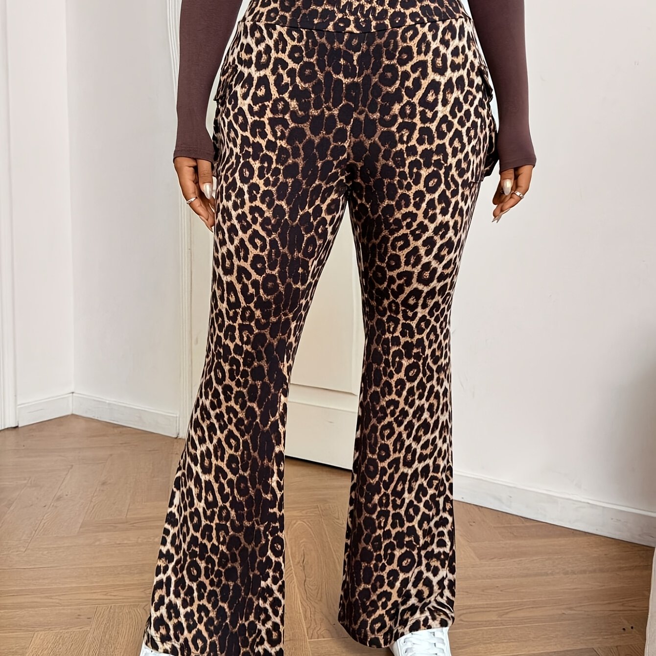 Plus Size, Plus Size Women's Fashion Leopard Print Pants Casual Micro Flared Plus Size Pants