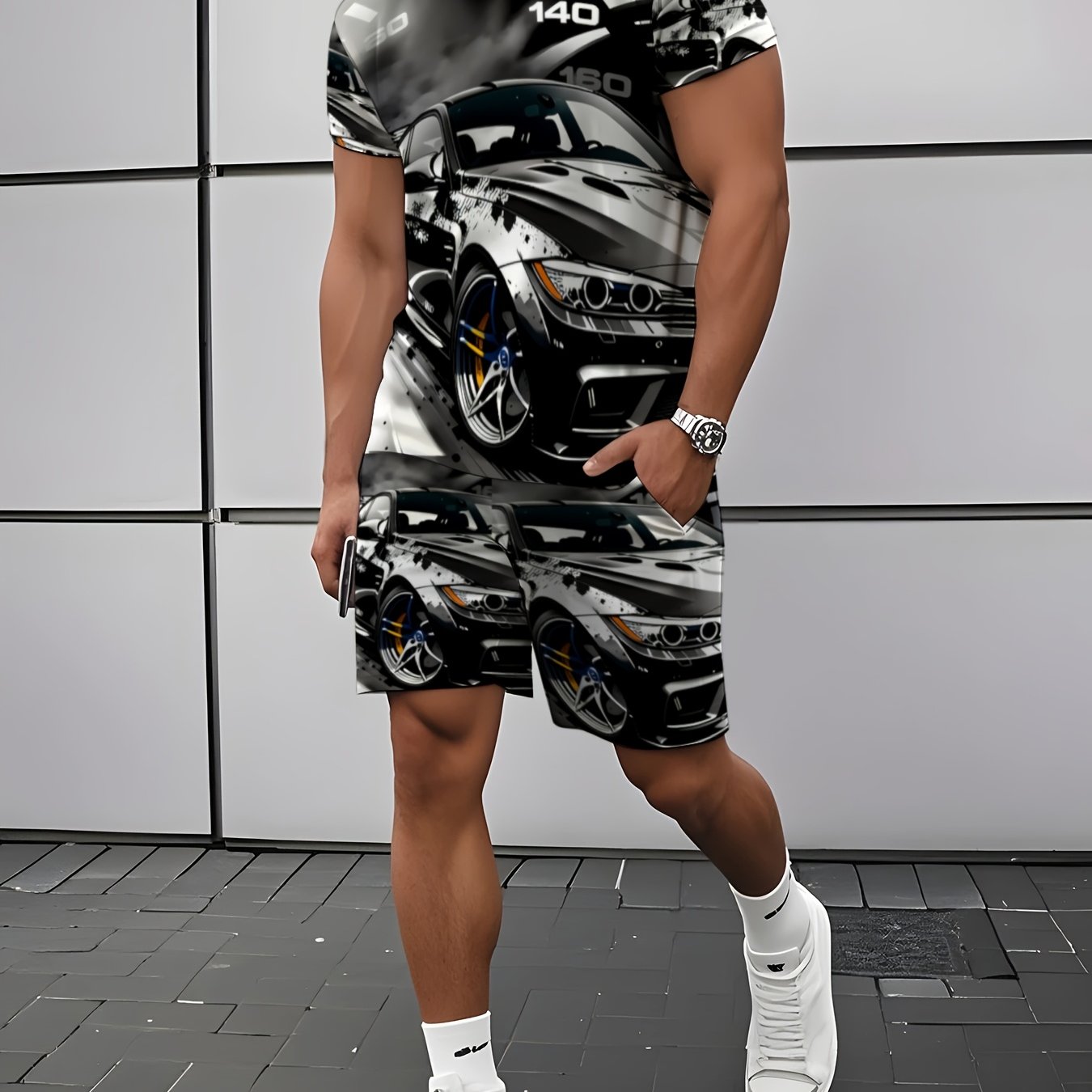 TEMU Car Pattern Quick-dry Athletic Set, Unisex Short-sleeve T-shirt And Shorts, Trendy Print Gym Wear, Casual Sports Clothing