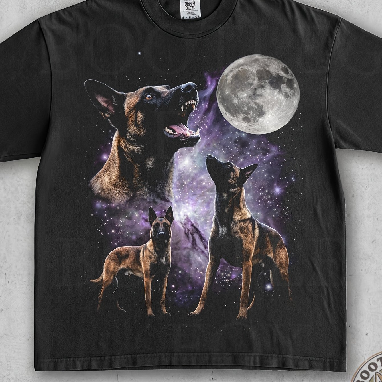 Image of Vintage 3 Belgian Malinois Moon Sky Art Top Portrait Clean Style Workout Crossfit Apparel Gift For Athletes Mens Tshirt 180g Cotton Round Neck
