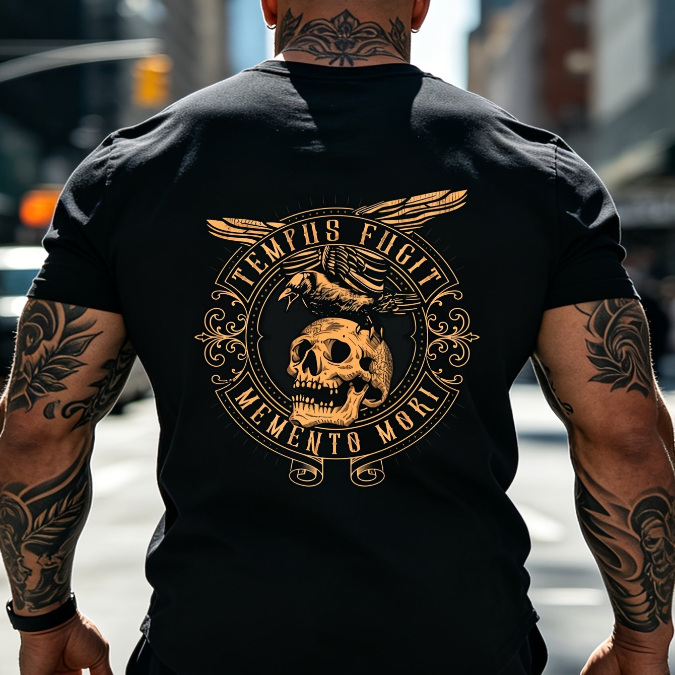 Image of Mens Vintage Gothic Style Latin T-shirt - Skull With Wings Graphic Tee - - Heavy Casual Shirt - Sizes S-3xl - Suitable For Daily Wear An