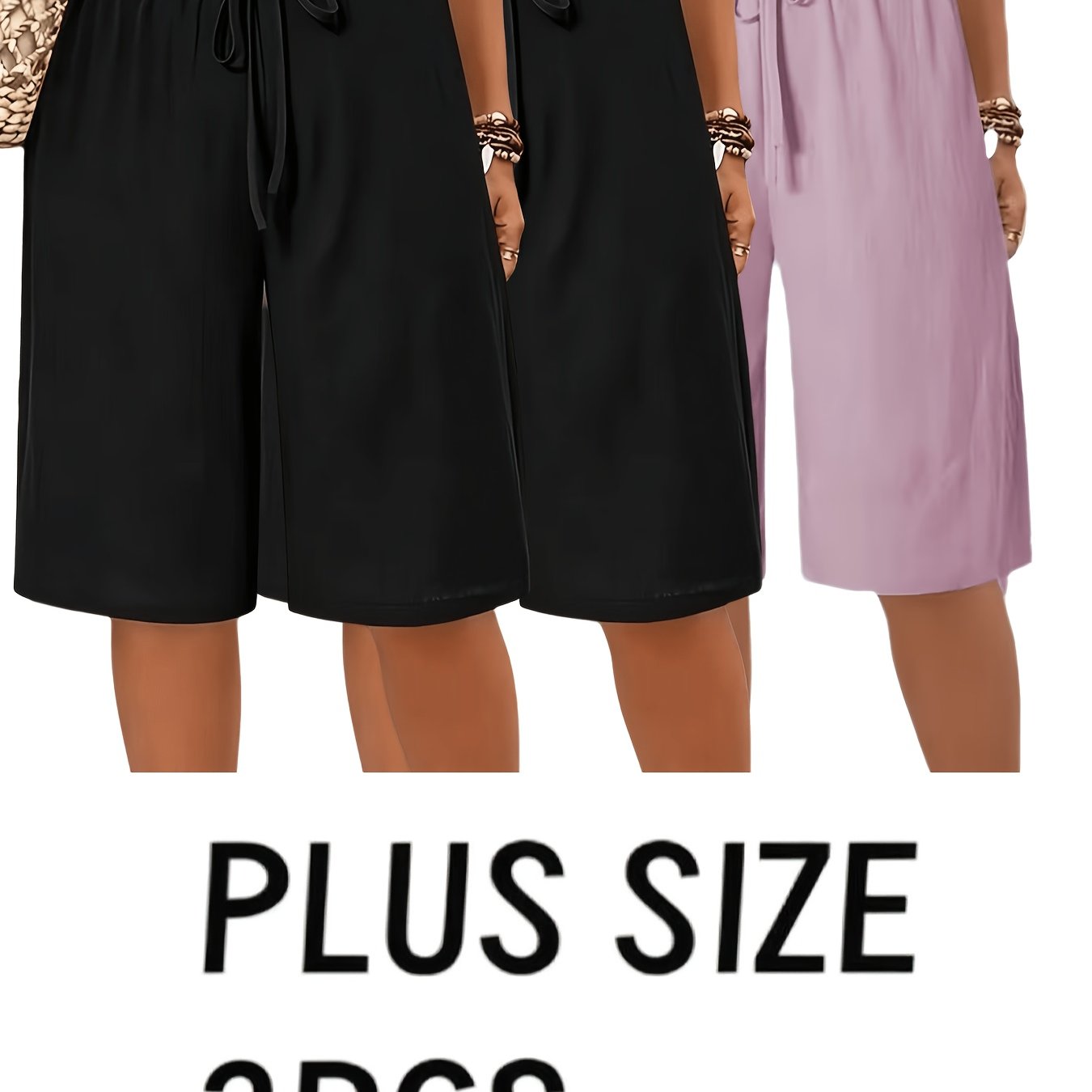 TEMU Plus Size Women's Clothing 3pcs Set, -leg Culottes, Loose Fake Drawstring, Mm Comfortable And Outdoor Casual Sports Five-point Pants