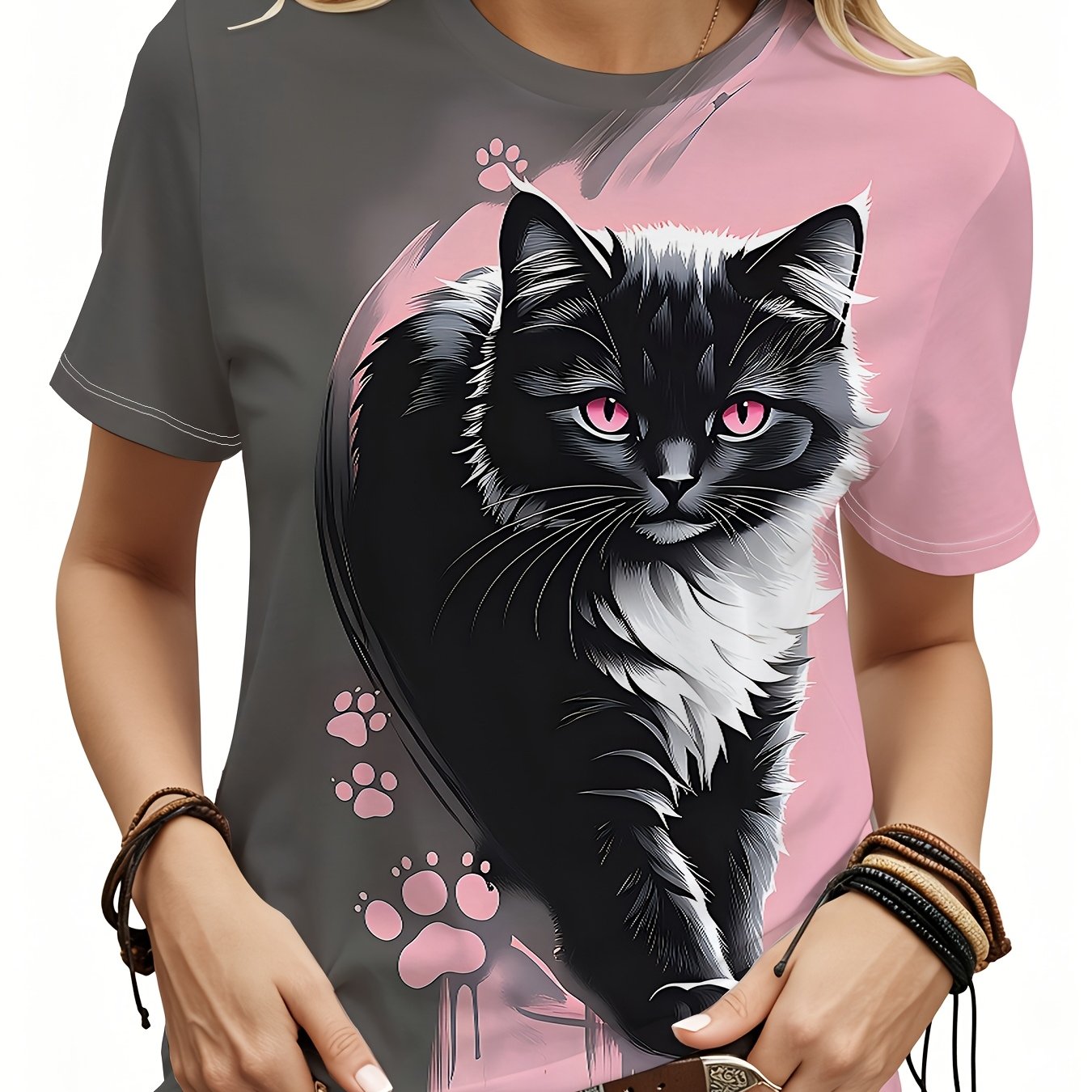 TEMU Women's New Summer Black Cat Pattern T-shirt, Print With Gradient Background Top, Casual Crew Neck Short Sleeve Tee